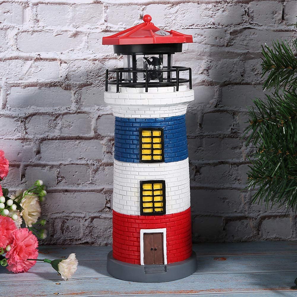 Omabeta LED Solar Powered Lighthouse Statue - Outdoor Rotating Garden Light for Yard, Lawn & Patio Decor - Waterproof Solar Lighthouse Lamp in Red, Blue & White - Perfect for Pathway, Landscape & Backyard Lighting