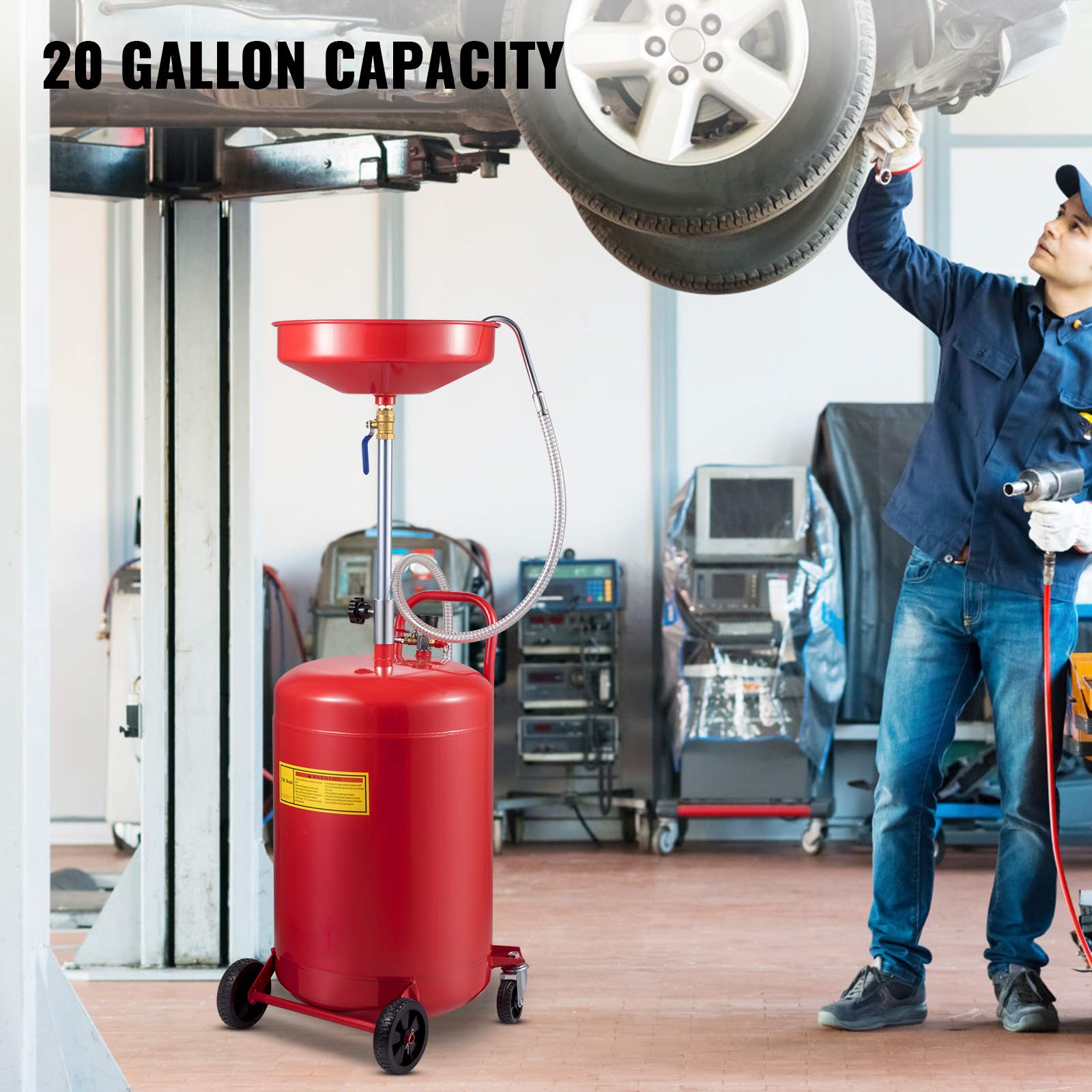VEVOR 20 Gallon Portable Waste Oil Drain Tank - Air Operated Oil Change Container with Adjustable Funnel Height & Wheels for Easy Fluid Fuel Transfer | Perfect for Auto Shops, DIY Garage Oil Changes & Industrial Drainage Solutions