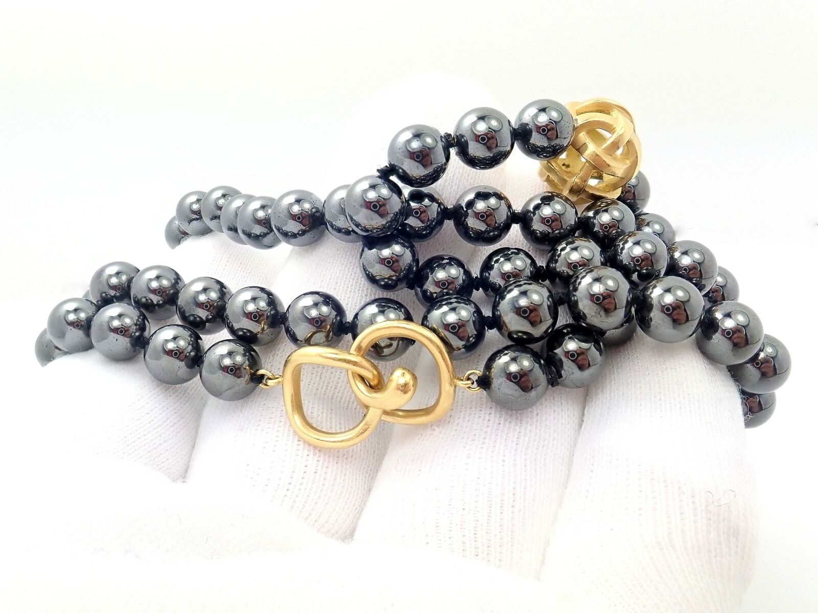 Authentic Angela Cummings 18k Yellow Gold Hematite Bead Necklace - 38 Inch Vintage 1988 Jewelry for Women, Perfect for Evening Parties & Special Occasions