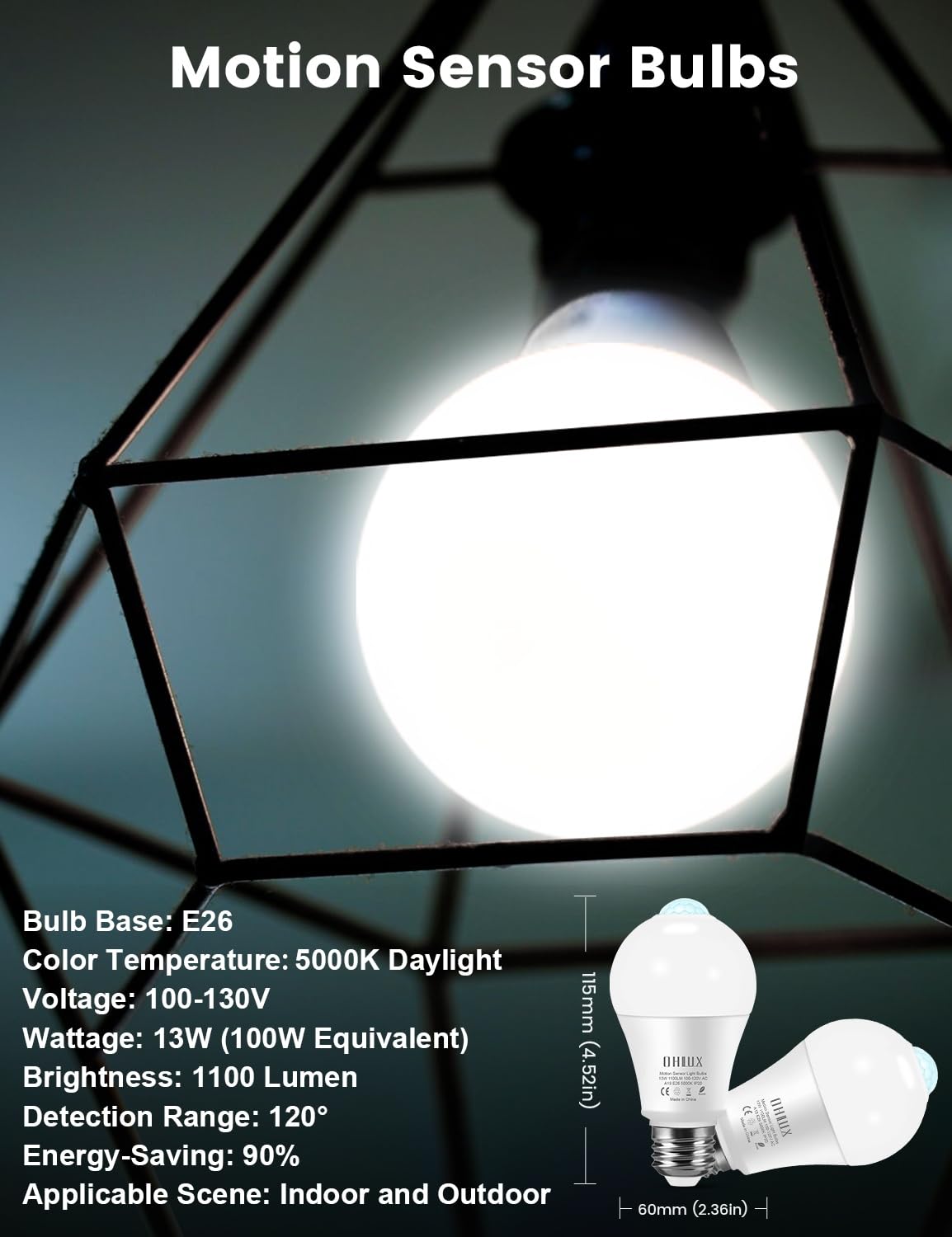 13W (120-Watt Equivalent) Motion Sensor LED Light Bulbs - 5000K Daylight White, E26 Base, Dusk to Dawn Security Lighting - 4 Pack for Outdoor & Indoor Use (Porch, Garage, Hallway, Closet, Staircase) - Energy Saving & Motion Activated Smart Bulbs