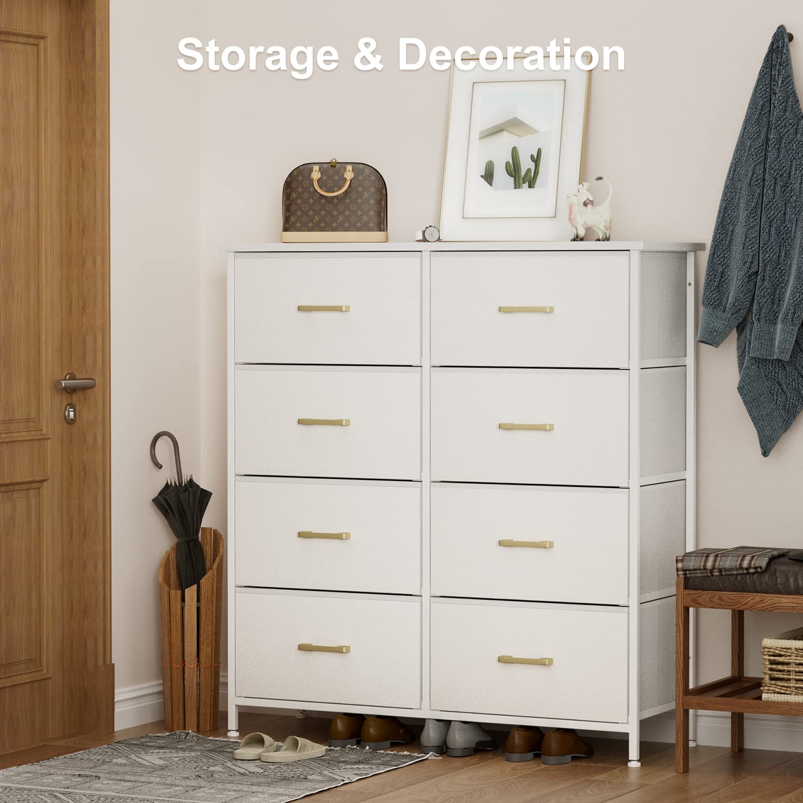 8-Drawer Tall Dresser for Bedroom - White Chest of Drawers with Sturdy Steel Frame, Fabric Bins & Wood Top - Perfect for Closet, Living Room, Nursery or Hallway Storage & Organization