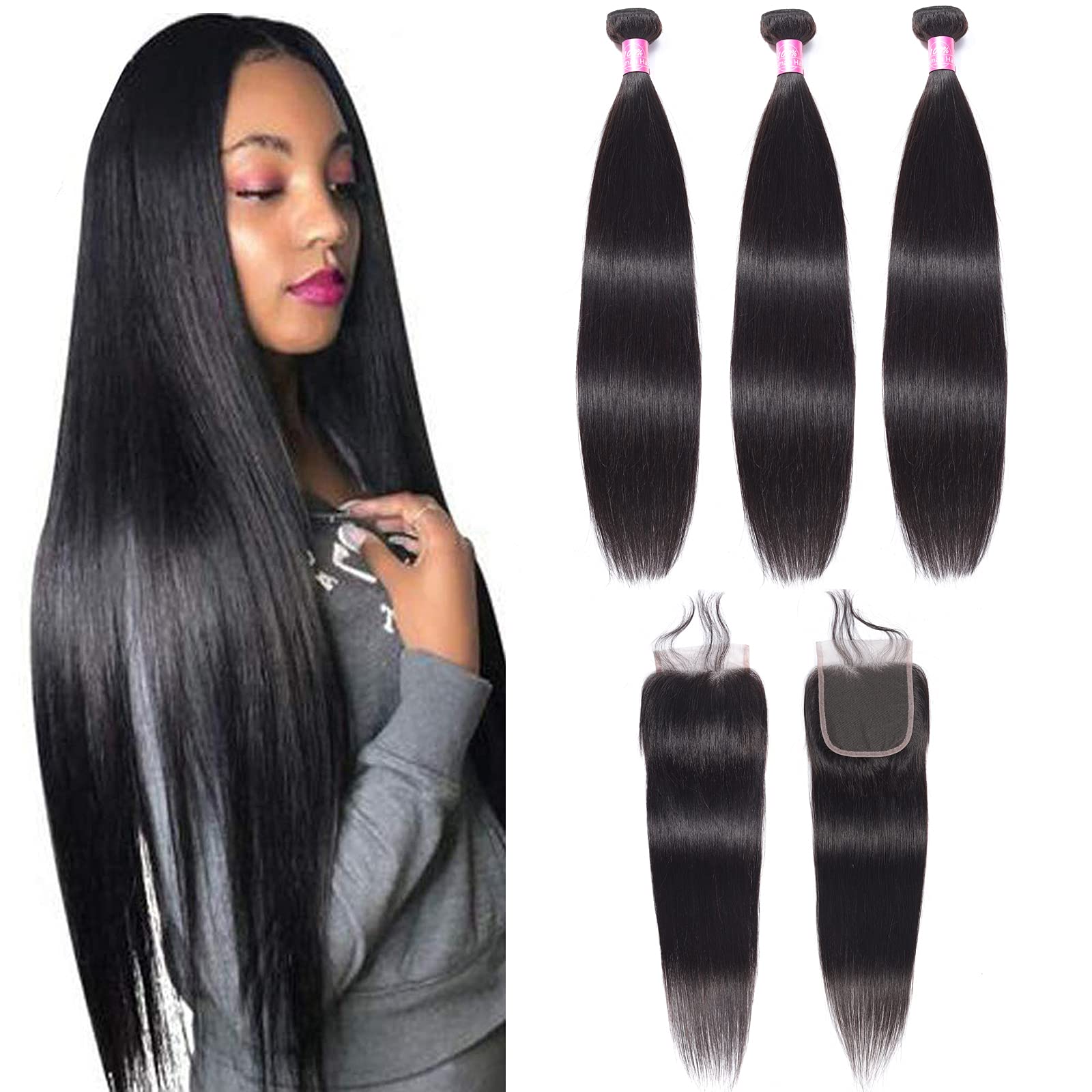 FQ Straight Peruvian Virgin Human Hair Bundles with 4x4 Closure (24 26 28+20 Inch) - Unprocessed 3 Bundles Natural Black Hair Weave - Perfect for Sew-in Extensions, Ponytails & Everyday Styling