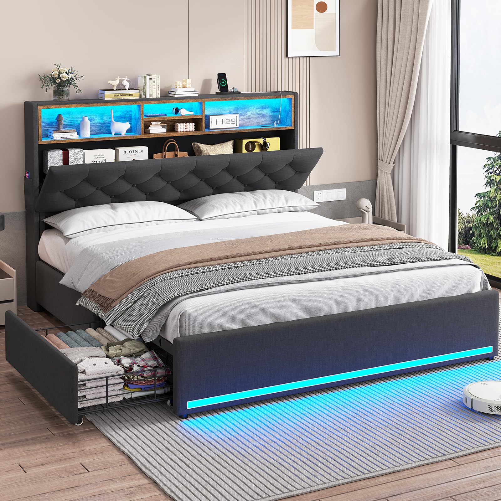 Queen Size Upholstered Platform Bed Frame with Hidden Storage Headboard, 4 Drawers, LED Lights & USB Charging Station - No Box Spring Needed, Noise-Free, Dark Grey - Perfect for Small Bedrooms, Guest Rooms & Modern Apartments