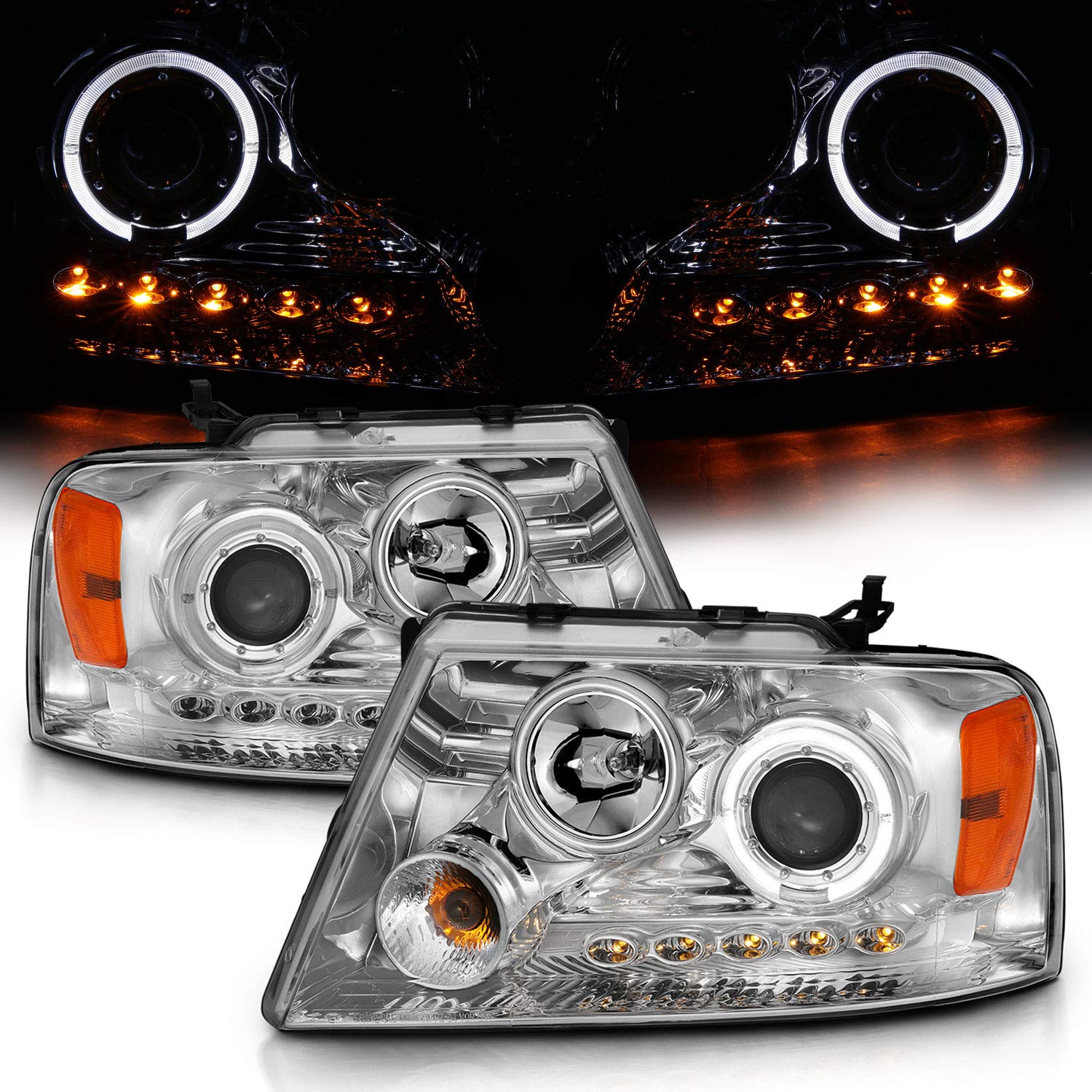 High-Performance AmeriLite Chrome LED Halo Projector Headlights for Ford F-150 - Driver & Passenger Side | Enhanced Night Visibility & Style Upgrade for Trucks