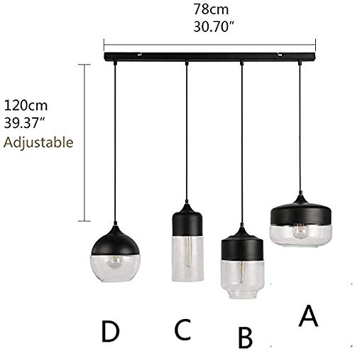 Modern Industrial Glass Pendant Light Fixture - Adjustable 4-Light Black & Clear Hanging Chandelier with E26 Base - Nordic Loft Style Lighting for Kitchen Island, Dining Room, Restaurant, Bedroom & Living Room Decor
