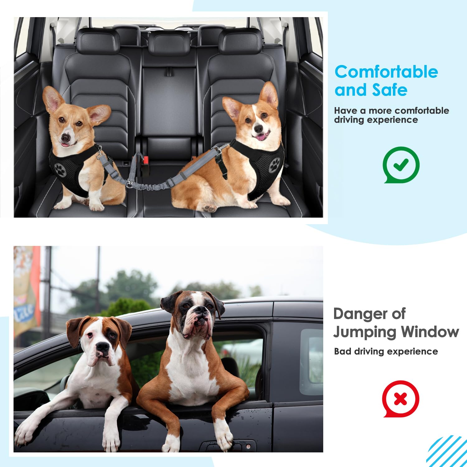 SlowTon Adjustable Double Dog Seat Belt - Y-Shape No Tangle Vehicle Safety Leash with Elastic Bungee Buffer & Reflective Strips - Medium Grey Pet Car Harness for Safe Road Trips & Daily Commutes
