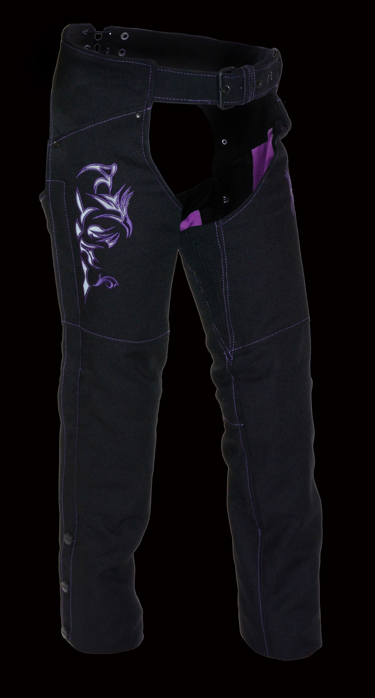 Milwaukee Leather Women's Motorcycle Chaps - Purple Tribal Embroidery & Reflective Safety Stitching | Durable Textile Biker Gear for Riding & Outdoor Adventures