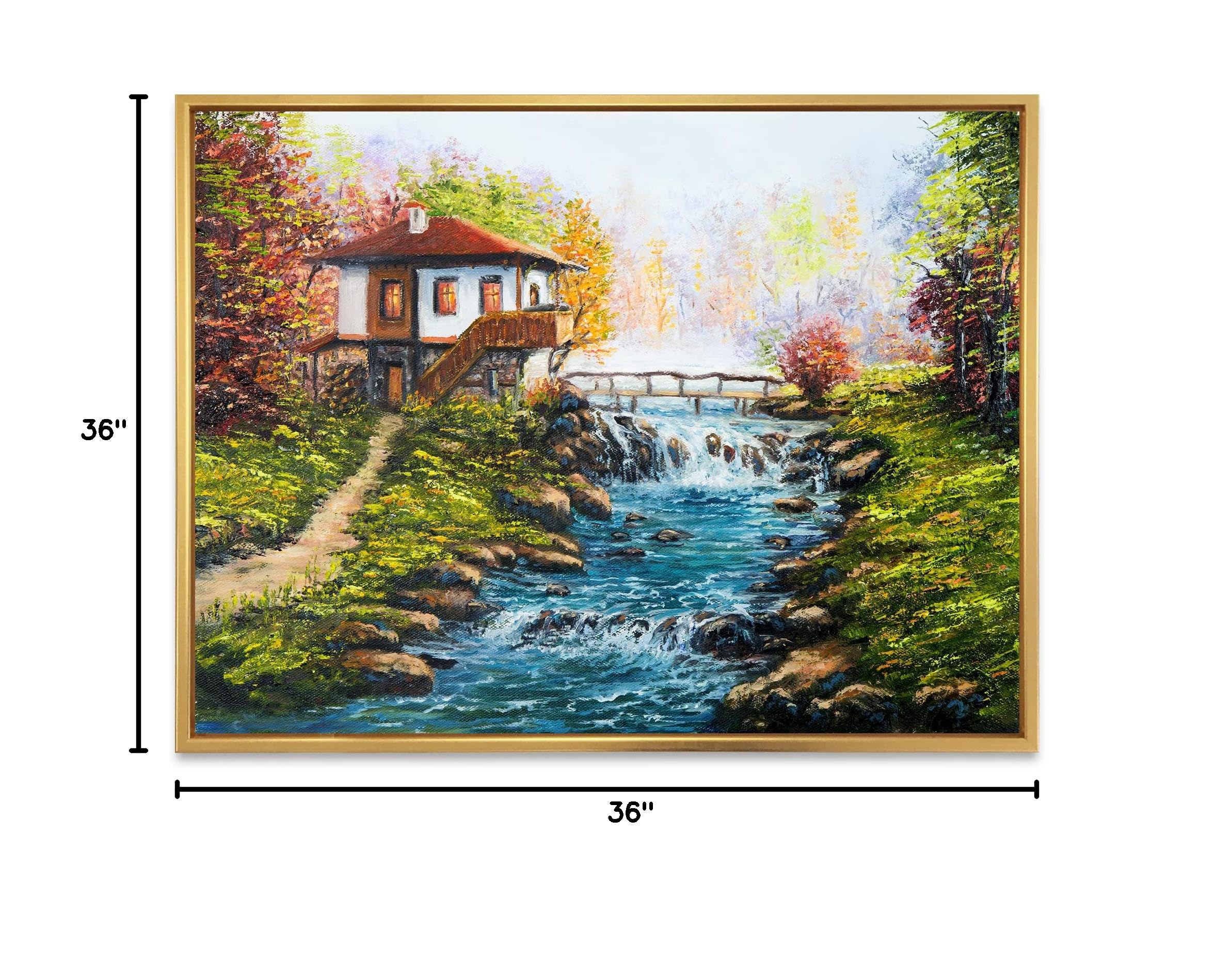Traditional Bulgarian House and River Landscape - Lake House Framed Canvas Wall Art Print for Living Room, Bedroom & Office Decor