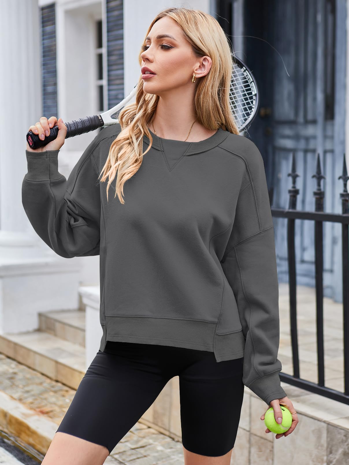 MEROKEETY Women's Oversized Cropped Sweatshirt - Fleece Crewneck Pullover for Workout & Fall Fashion | Casual Loungewear, Gym Essentials & Streetwear Outfits