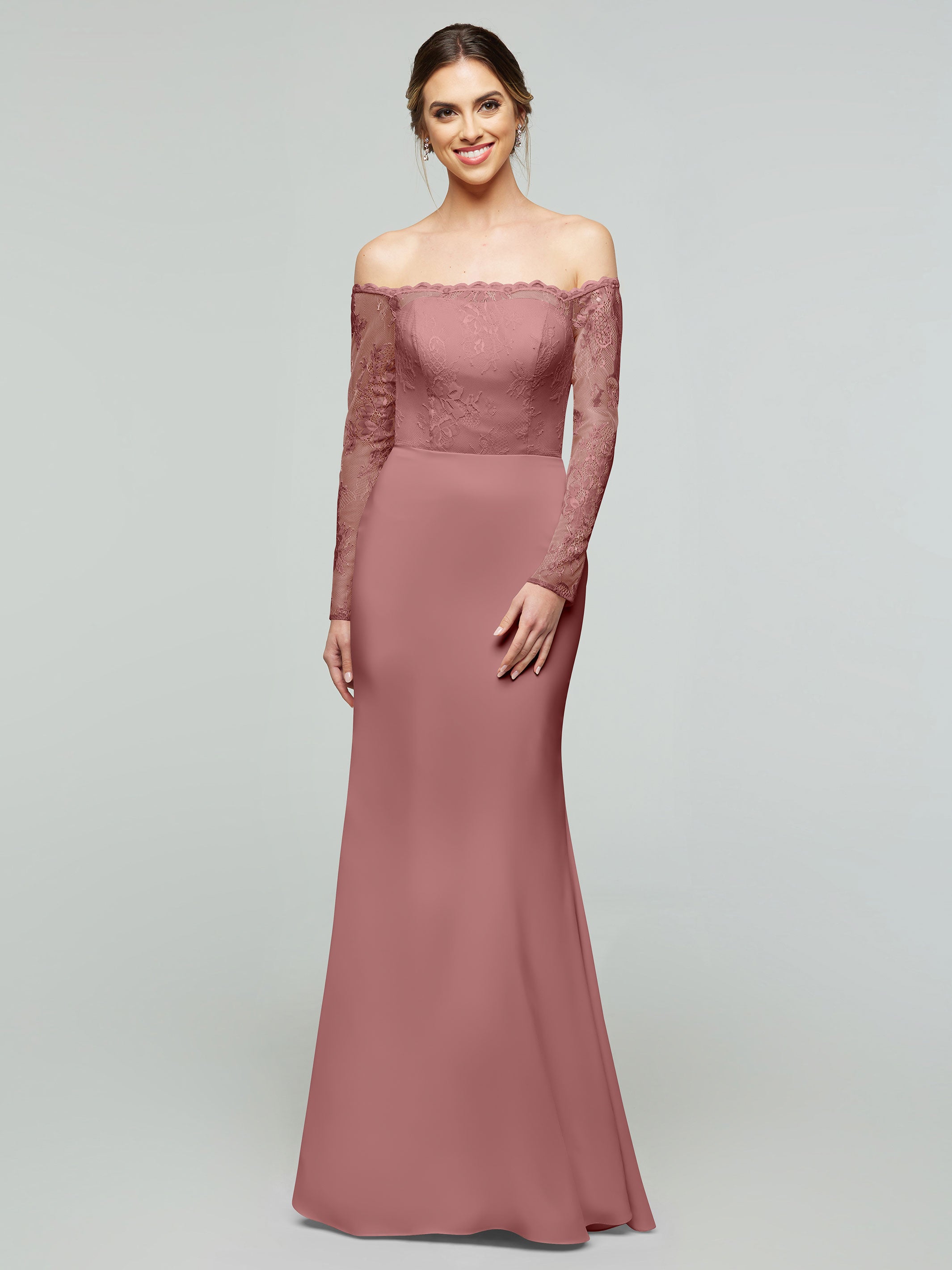 Elegant 80191 Chiffon & Lace Mermaid Bridesmaid Dress with Off-the-Shoulder Long Sleeves - Perfect for Weddings, Formal Events & Evening Parties
