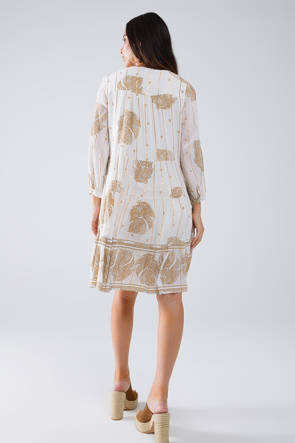 Bohemian Long Sleeve Robe with Leaf Print and Lurex Details in White - Perfect for Yoga, Beach Cover-Up, and Relaxing at Home