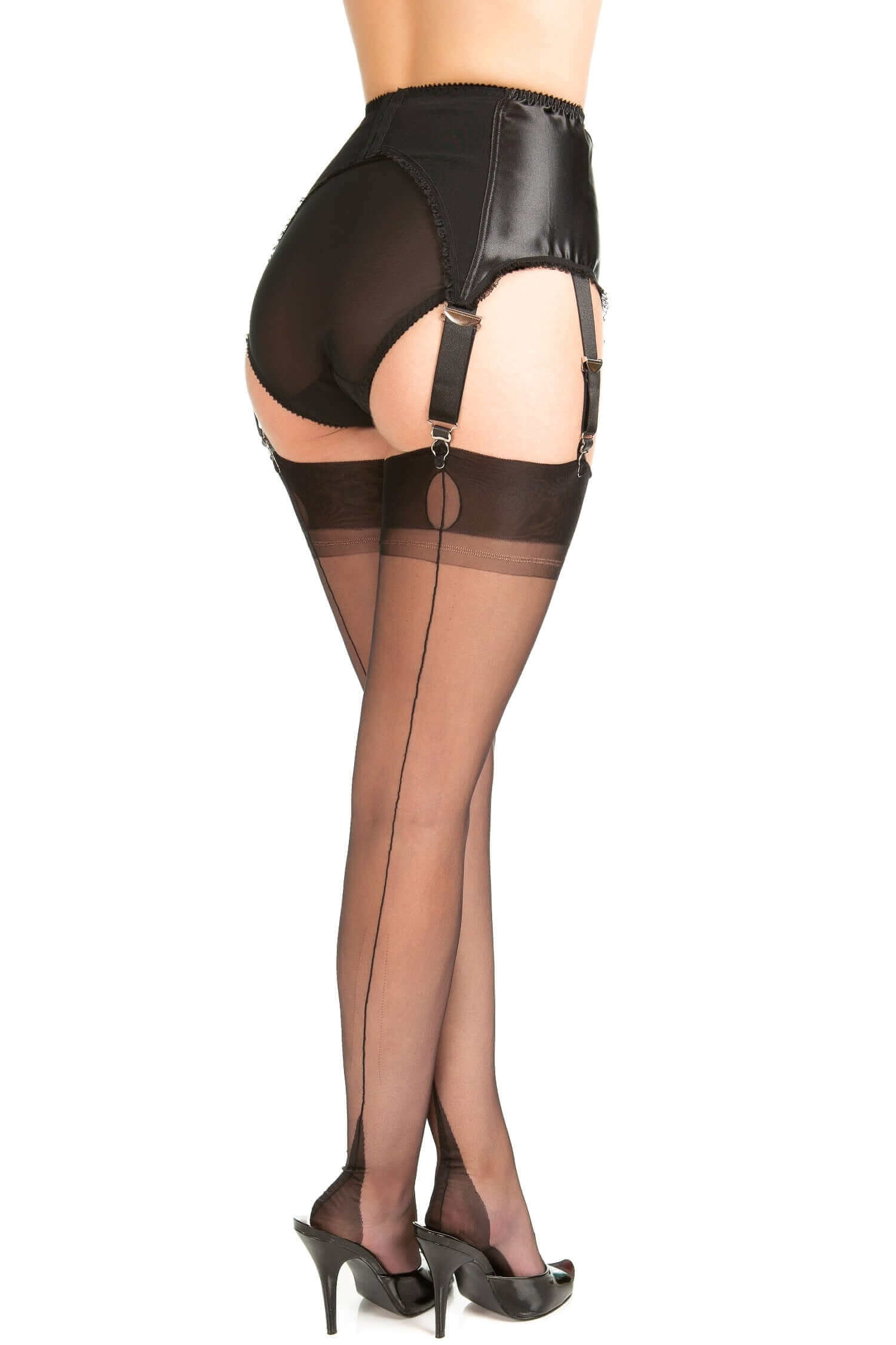 French Heel Fully Fashioned Black Nylon Stockings - Elegant Women's Hosiery for Office, Party & Special Occasions