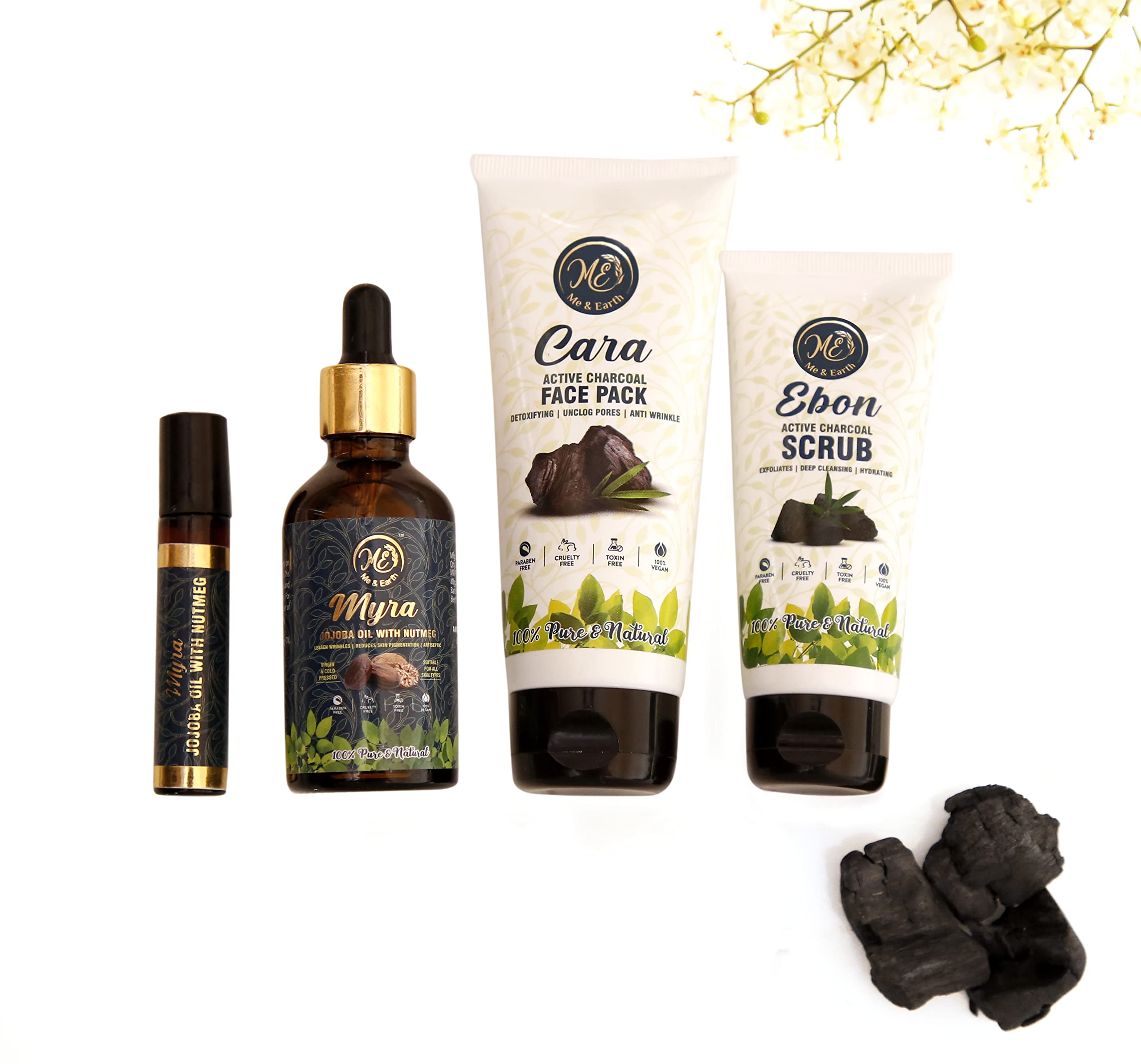 Me And Earth Charcoal Skincare Combo Pack - 60gm Charcoal Scrub, 100gm Charcoal Face Mask & 50ml Jojoba Oil | Deep Cleansing, Detox & Hydration for Acne-Prone & Oily Skin | Perfect for Daily Skincare Routine & Spa Night