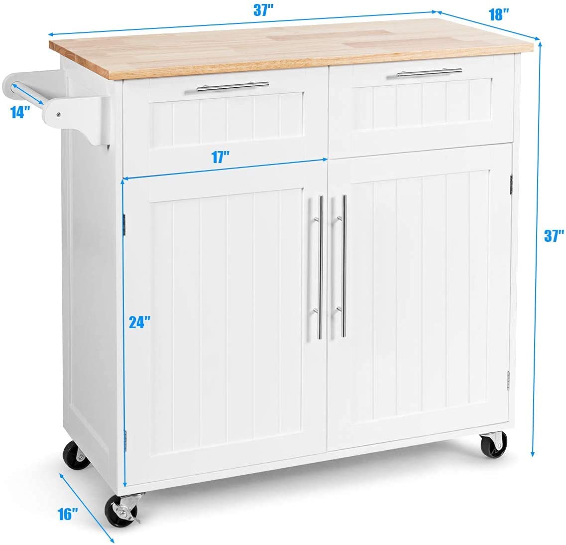 MAT Expert Kitchen Island Cart on Wheels - Rolling Storage Trolley with 2 Drawers, Large Cabinet & Wood Top - White Kitchen Utility Cart for Serving, Prep & Storage - Perfect for Small Kitchens, Dining Rooms & Mobile Cooking Stations
