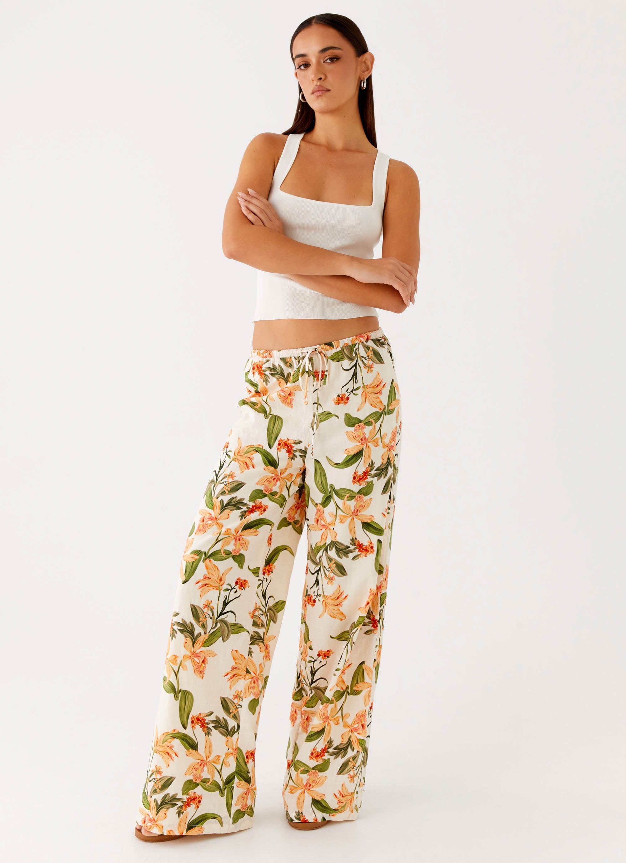 Dalida Women's Floral Print Linen Pants - Comfortable Summer Casual Pants for Beach, Vacation & Lounge Wear