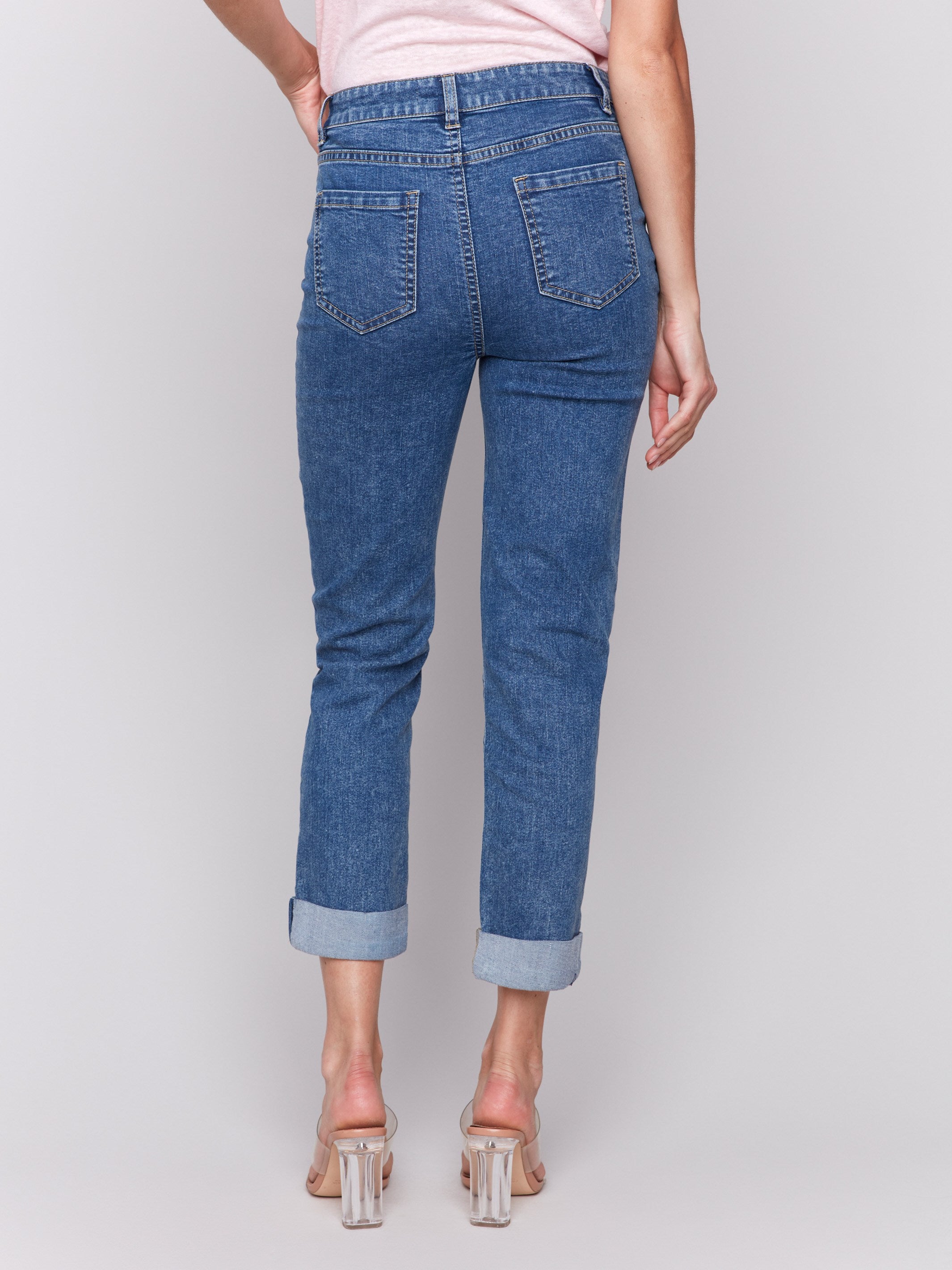 Cropped Pin Tuck Jeans for Women - Medium Blue Wash High Waisted Skinny Denim Pants | Perfect for Casual Outfits, Date Nights & Street Style