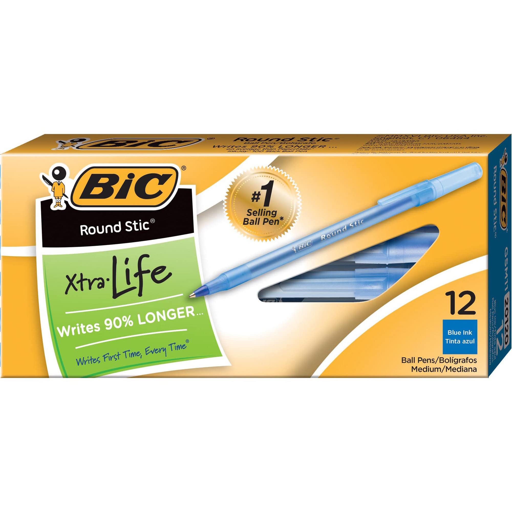 BIC Round Stic Xtra Life Blue Ballpoint Pens - 12-Pack Bulk Pens, Medium Point (1.0mm), Comfortable Grip for Smooth Writing - Perfect for Office, School & Home Use - #1 Best Selling Ballpoint Pens