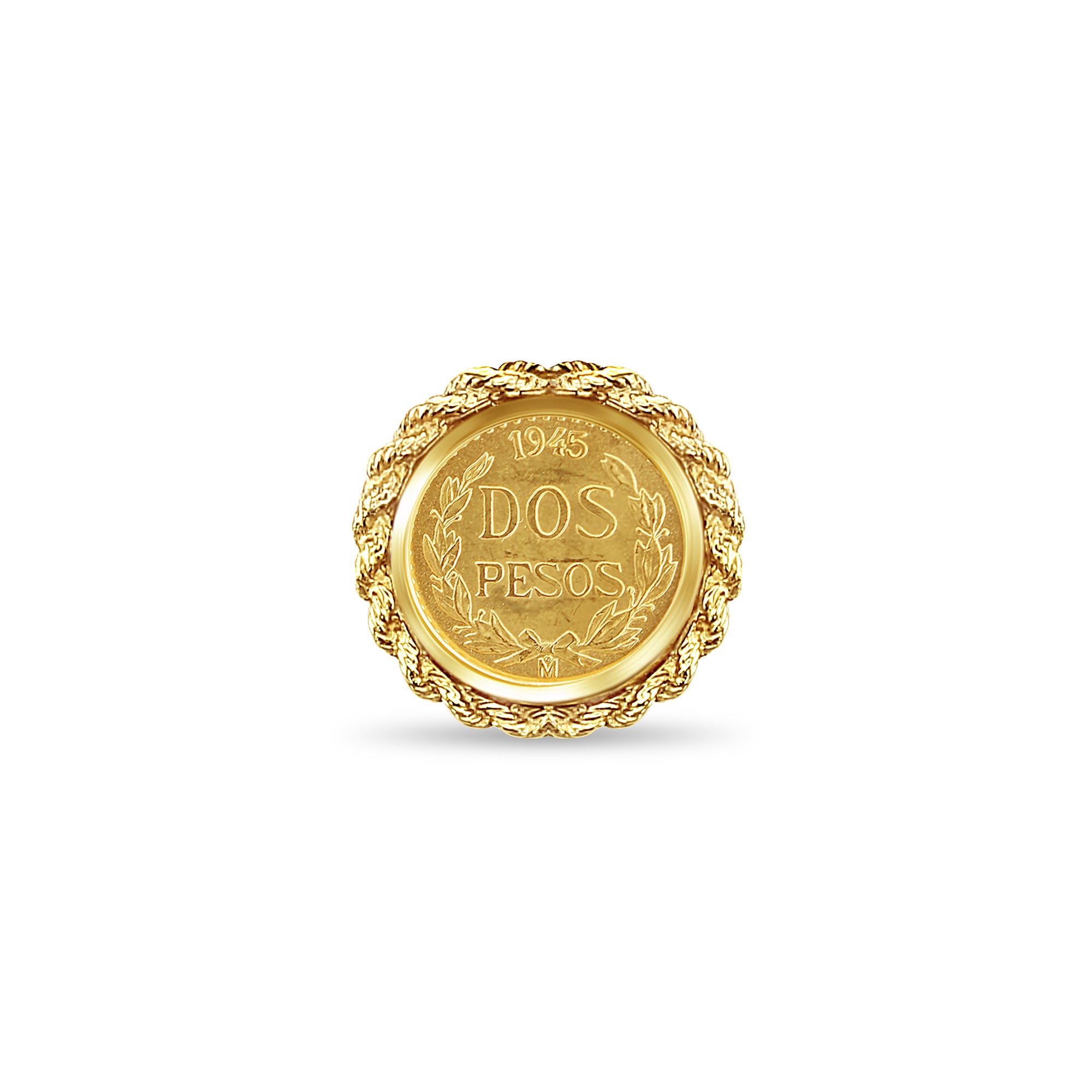 1945 Dos Pesos Fine Gold Coin Ring with Rope Bezel Frame - Vintage Mexican Jewelry for Men & Women - Perfect for Weddings, Anniversaries & Gifts