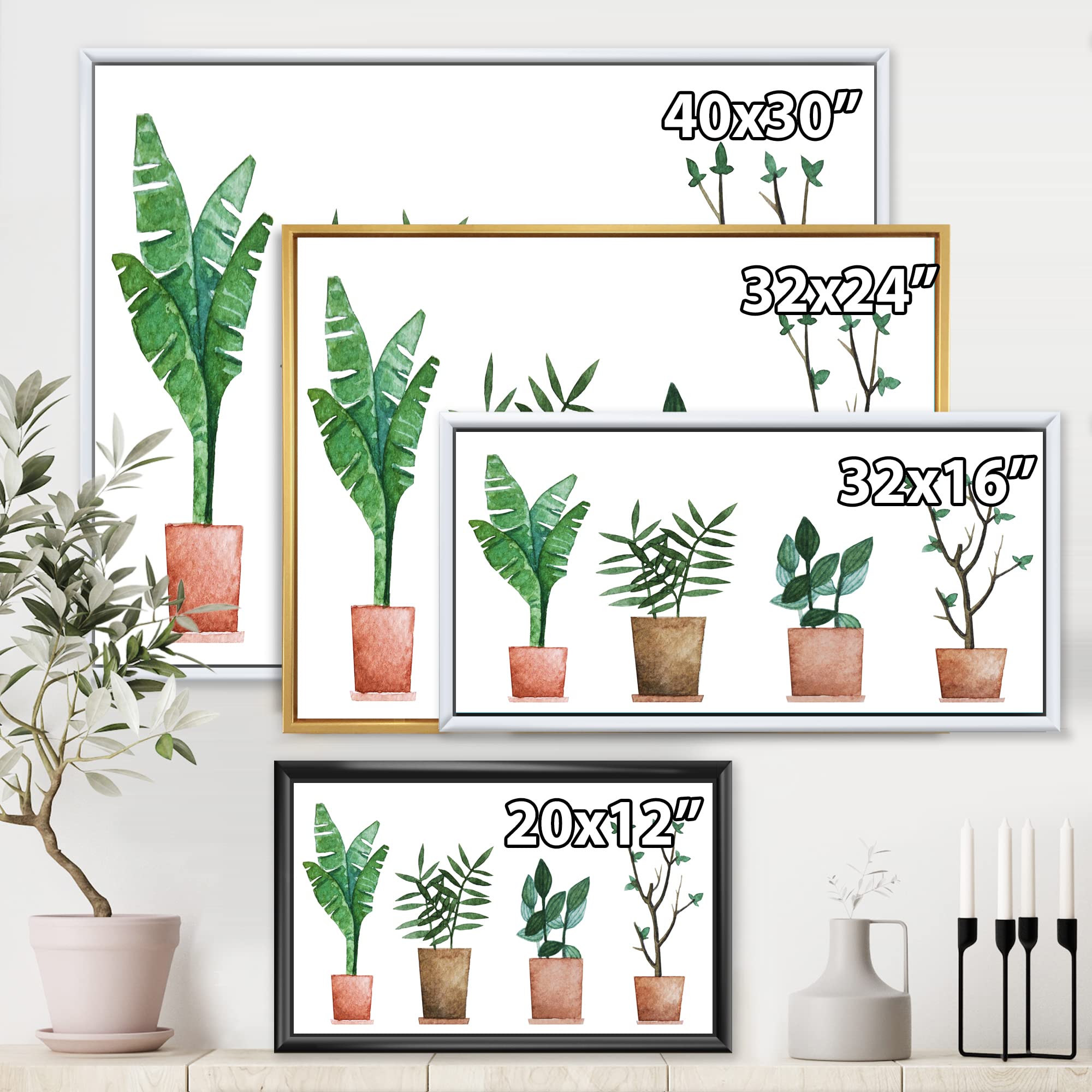 DesignQ Duo of Potted Flowers House Plants - Farmhouse Framed Canvas Wall Art Print for Home Decor, Living Room, Bedroom & Office