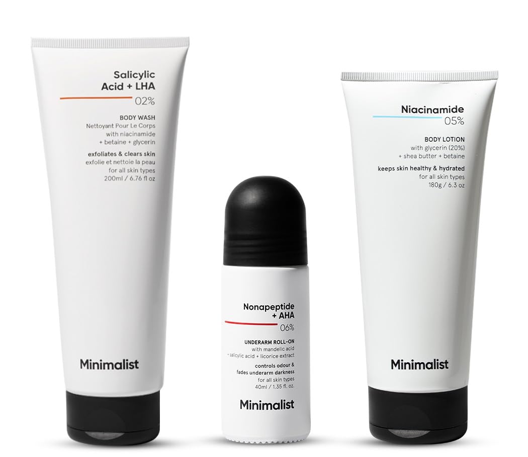 Minimalist Body Care Kit with 2% Salicylic Acid Body Wash, Underarm Roll-On & 5% Niacinamide Body Lotion - Treats Body Acne, Bumpy Skin, Odor & Dark Spots | Hydrating & Barrier Repair Formula for Women & Men | Perfect for Daily Skincare Routine & Post-Workout Refreshment