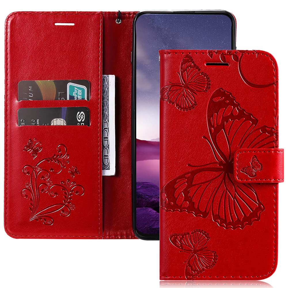 Premium Luxury PU Leather iPhone 12 Pro Max Case (6.7 inch) with Wallet, Card Holder & Kickstand - Embossed Butterfly Design in Red - Perfect for Everyday Use, Travel & Business Meetings