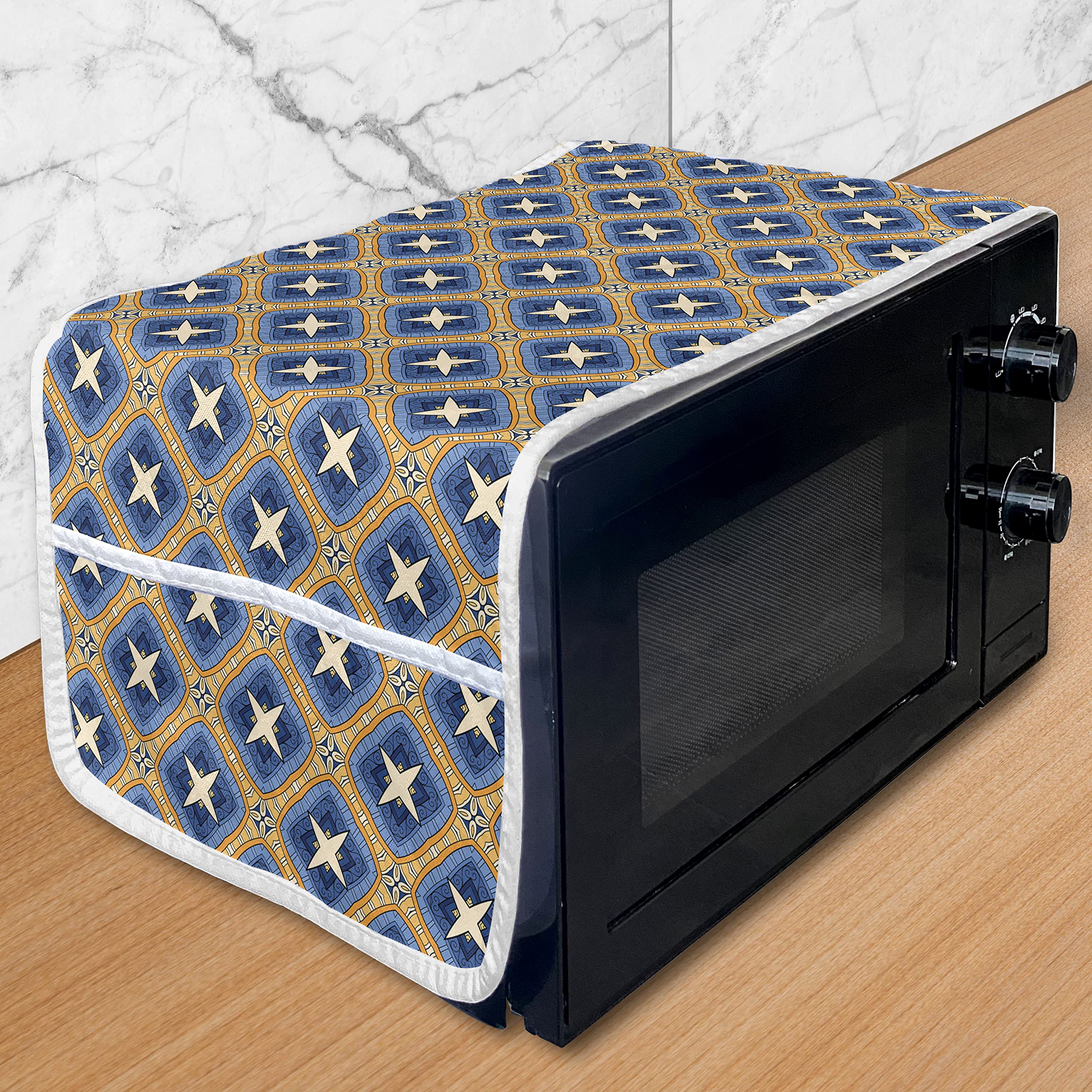 Ambesonne Ethnic Microwave Oven Cover - Vintage Tile Pattern Waterproof Kitchen Organizer with Pockets, 36