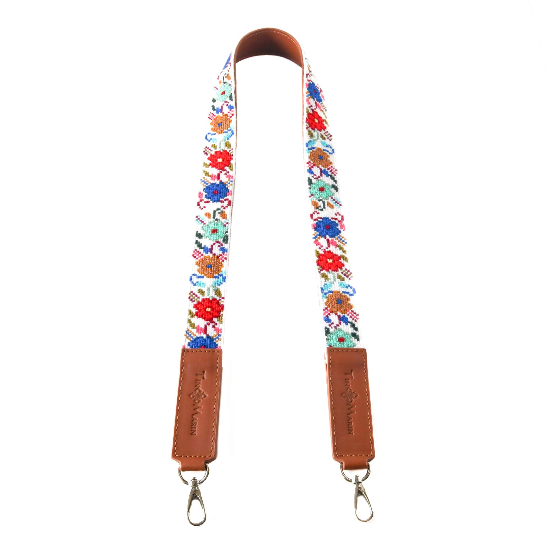 Floral Embroidered Woven Bag Strap with Tan Leather - Adjustable Crossbody Purse Strap, Wide Shoulder Strap for Handbags, Luggage & Cameras - Perfect for Travel, Shopping & Everyday Use