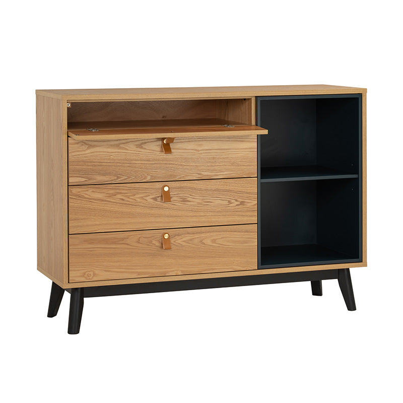CASTOR Sideboard Buffet 125cm - Modern Wooden Storage Cabinet with 3 Drawers & Doors in Natural, Navy Blue & Black - Perfect for Dining Room, Living Room & Entryway Organization