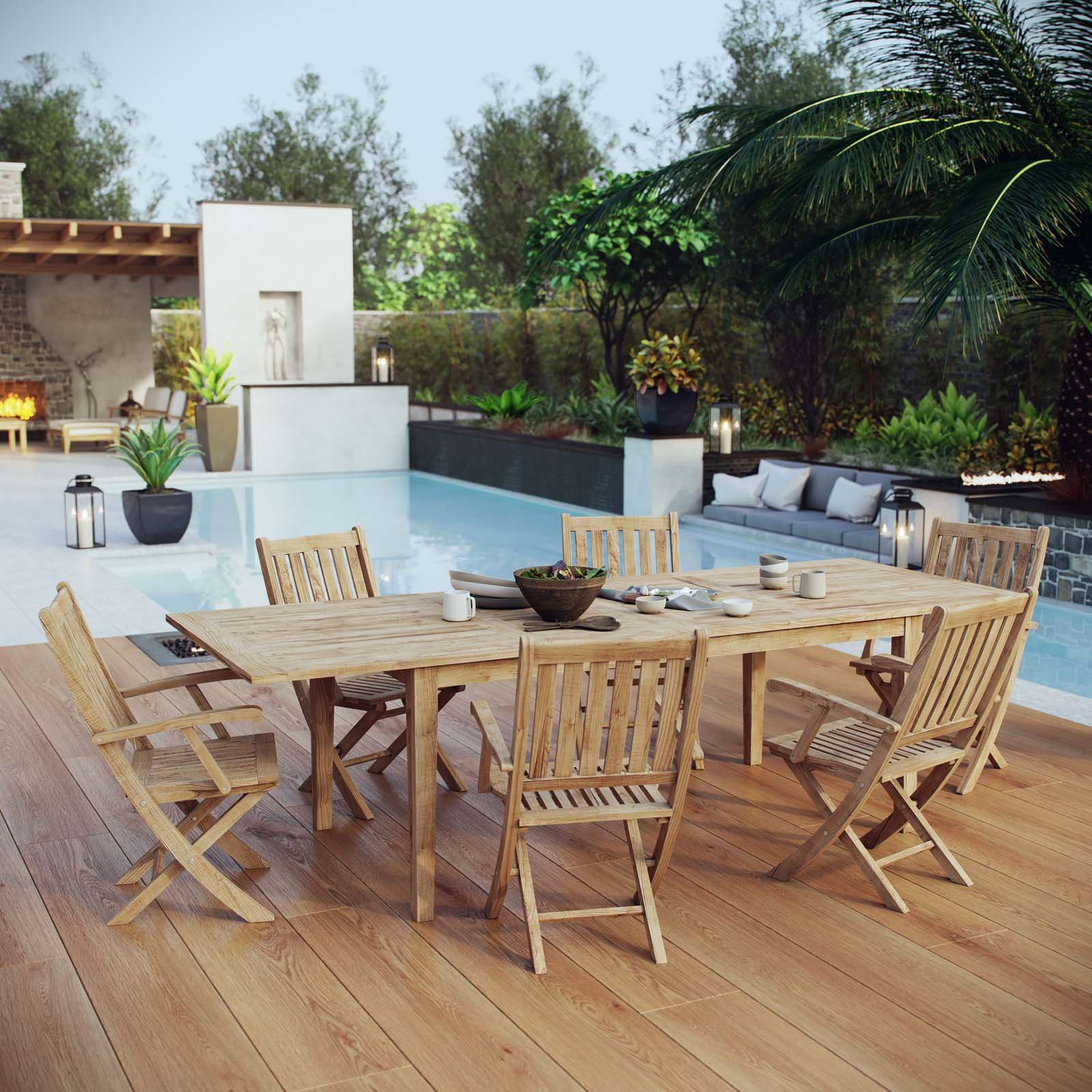 Premium Grade A Teak Wood Outdoor Patio Dining Set - 7 Piece Natural Finish - Modway EEI-3280-NAT-SET - Durable Weather-Resistant Furniture for Backyard, Garden & Poolside Entertaining