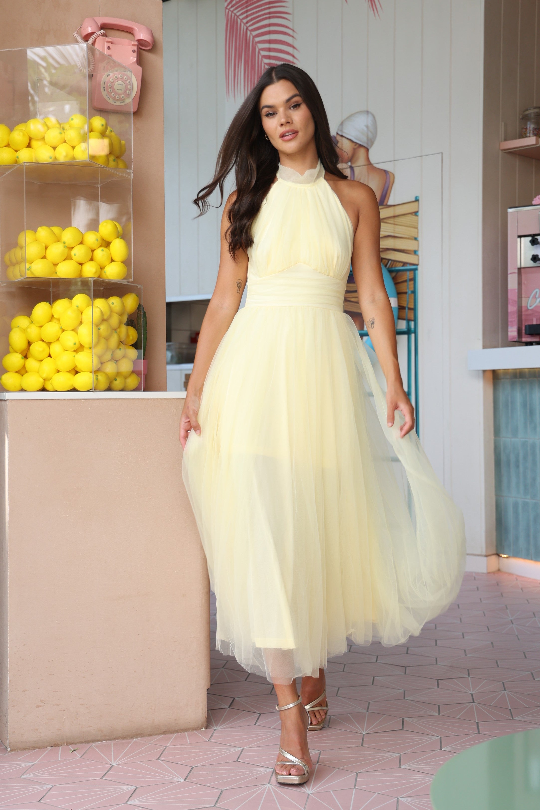Vera Tulle Midi Dress in Butter Yellow - Elegant Flowy Summer Wedding Guest Dress for Women | Perfect for Bridal Shower, Garden Party & Formal Events