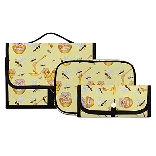 Bees & Honeycomb Travel Toiletry Bag Set - 3 PCS Clear Hanging Makeup Organizer for Women, Portable Cosmetic Case for Bathroom, Gym & Vacation | Waterproof Toiletries Storage Bag