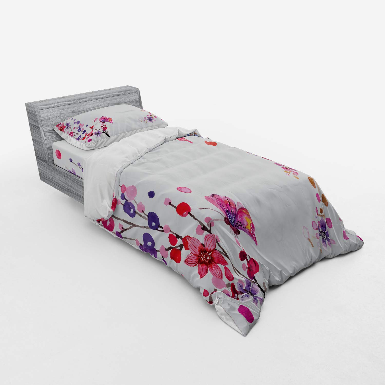 Ambesonne Butterfly Duvet Cover Set - 3 Piece Twin XL Size, Aquarelle Floral Boho Design with Wings of Springs Print in Purple, White & Pink | Perfect for Bohemian Bedroom Decor & Spring Themed Home Styling