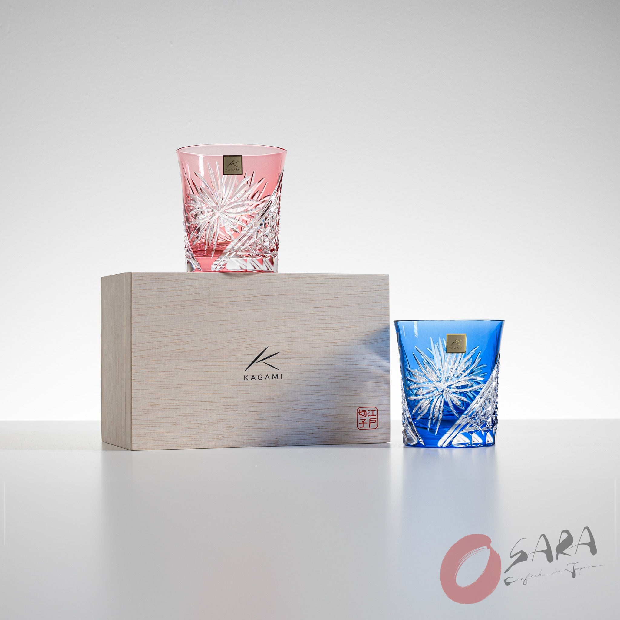 KAGAMI Handcrafted Edo Kiriko Crystal Sake Glasses Set of 2 - Traditional Japanese Cut Glass with Chrysanthemum Pattern - Perfect for Sake Tasting, Japanese Dining & Luxury Gift Giving