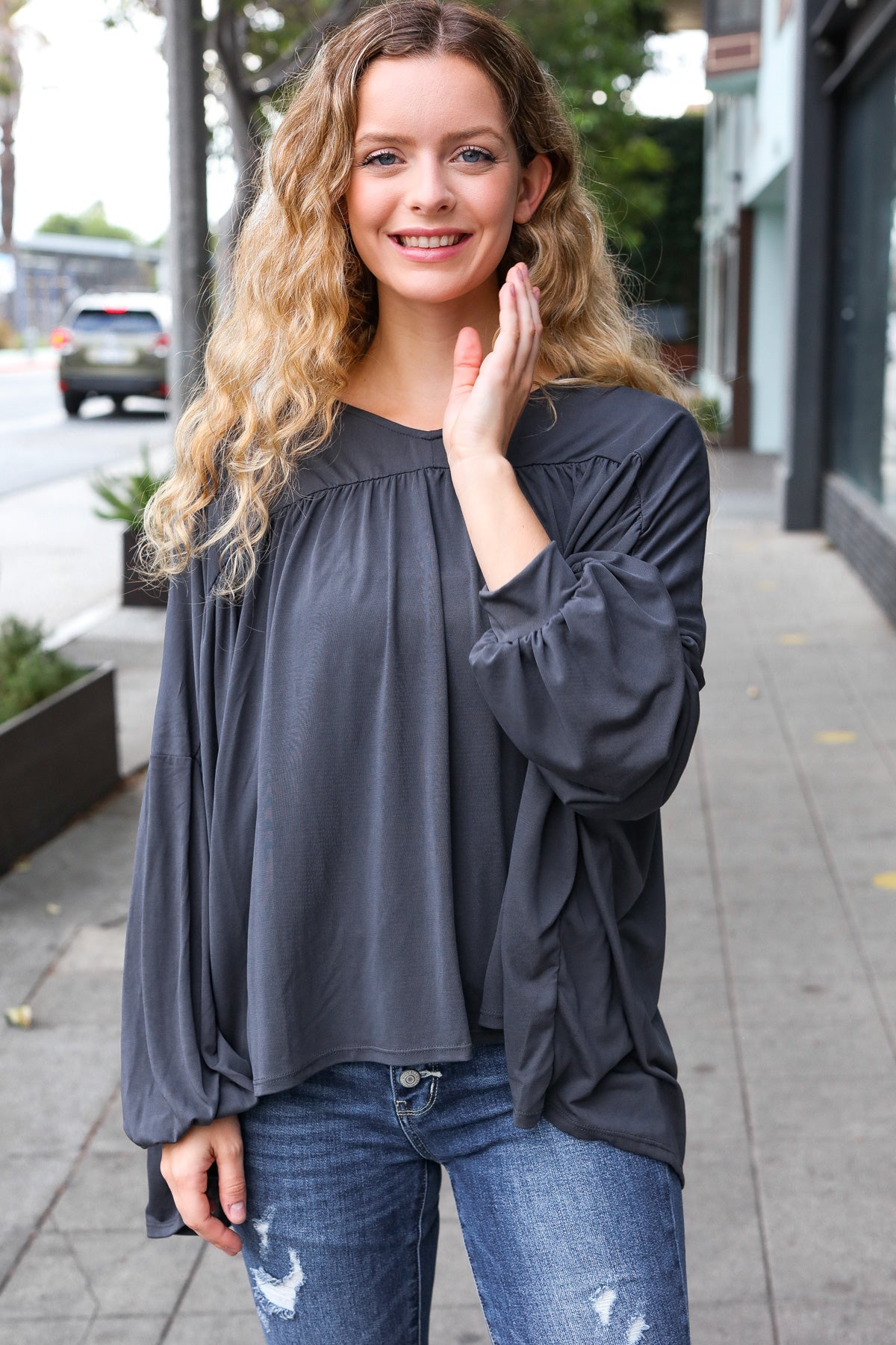 Stylish Charcoal V-Neck Modal Knit Top for Women - Comfortable & Breathable Casual Wear for Office, Date Night & Everyday Outfits