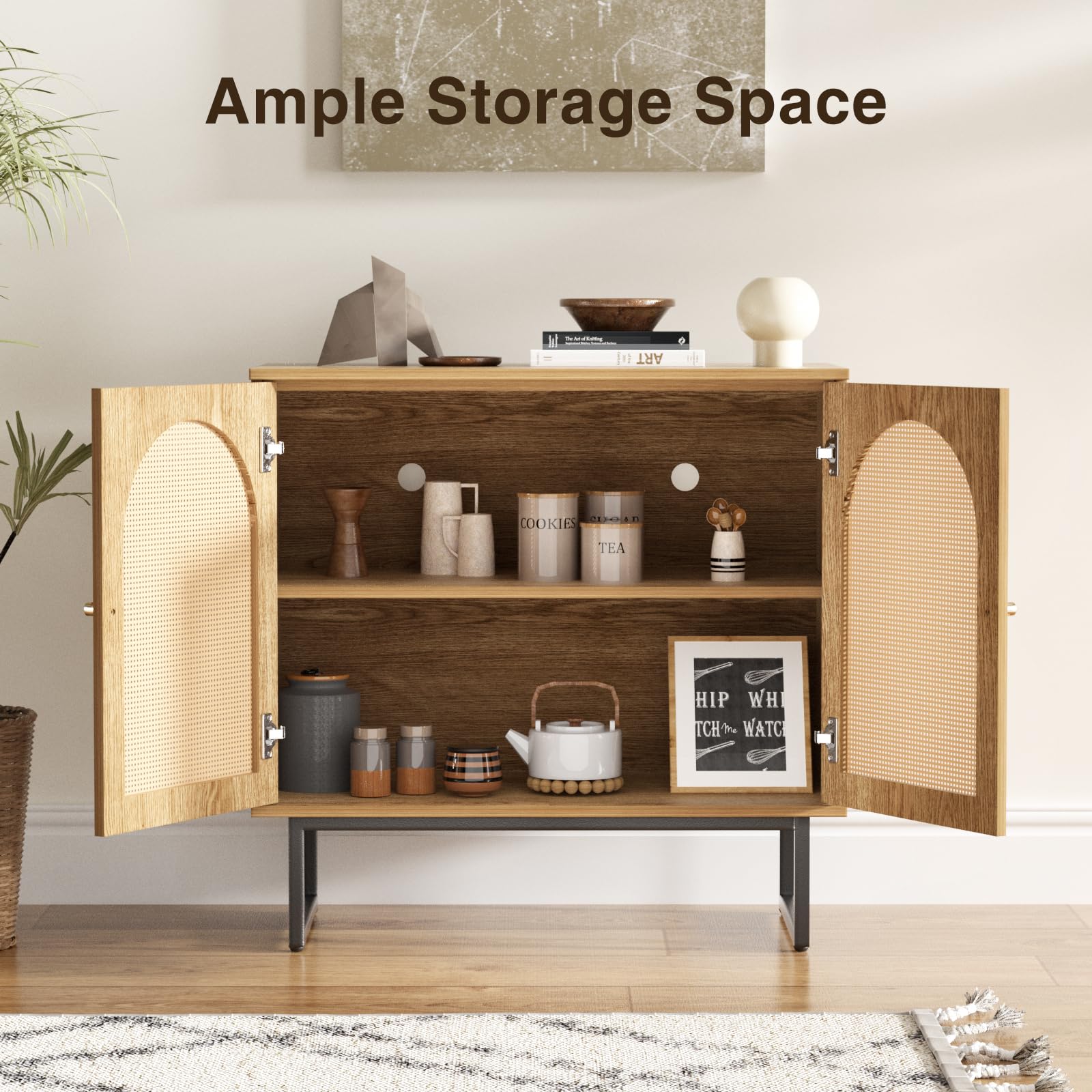 Rattan Sideboard Buffet Cabinet with Metal Legs - Boho Style Credenza for Living Room, Dining Room, Entryway - Natural Wood Buffet Storage Cabinet Set of 2 - Perfect for Home Decor, Entertaining & Organizing Dishes