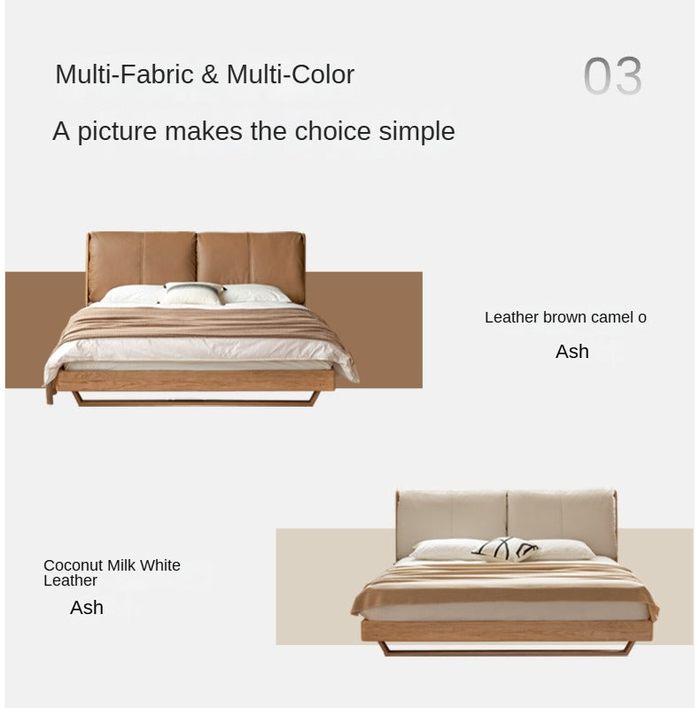 Italian Light Luxury Solid Wood Bed in Oak & Ash with Genuine Leather Upholstery - Perfect for Master Bedrooms, Guest Rooms & Modern Home Decor