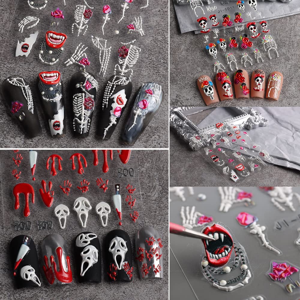 5D Halloween Nail Art Stickers - Sugar Skull Bone Blood Design, Self-Adhesive Nail Decals for Acrylic Nails (3 Sheets) - Perfect for Women & Girls DIY Nail Art, Costume Parties & Spooky Halloween Looks