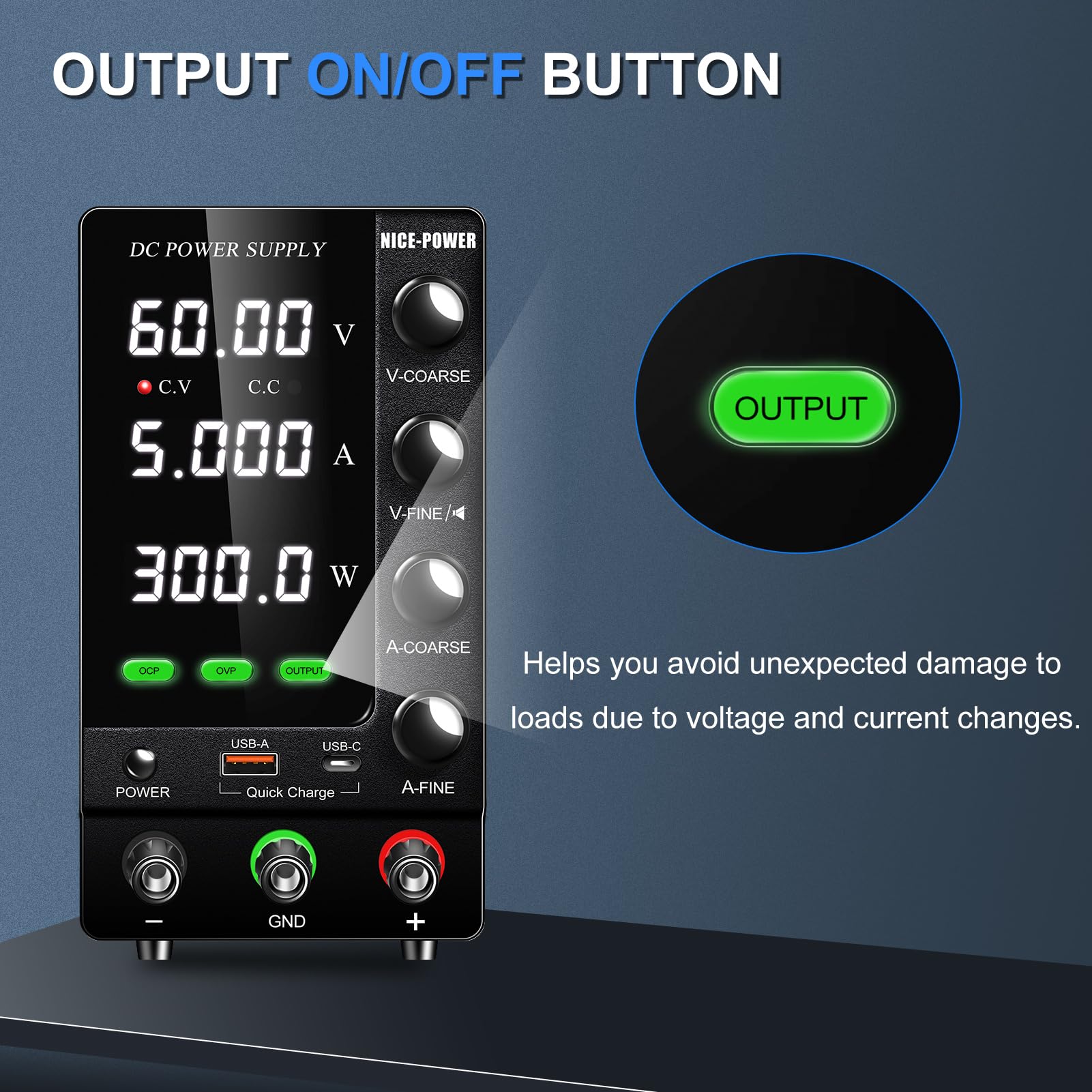Adjustable 60V 5A DC Bench Power Supply with Digital Display - Variable Regulated Lab Power Source with Encoder, OVP/OCP Protection & USB Quick Charge for Electronics Testing, DIY Projects, and School Labs