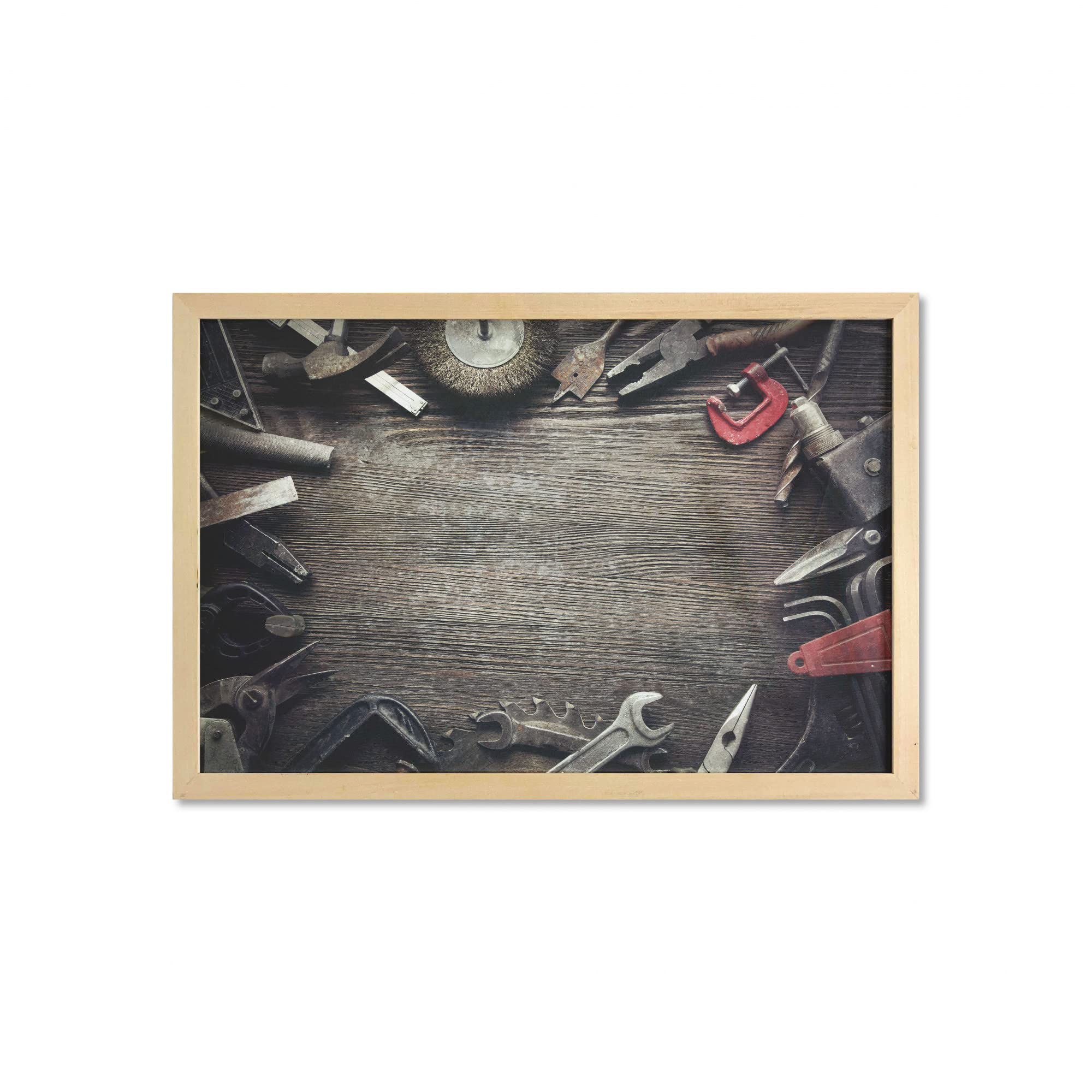 Ambesonne Industrial Wall Art with Frame - Vintage Grungy Tools on Wooden Board, Workshop & Repair Theme, Printed Fabric Poster for Bathroom, Living Room, Dorm Decor - 35
