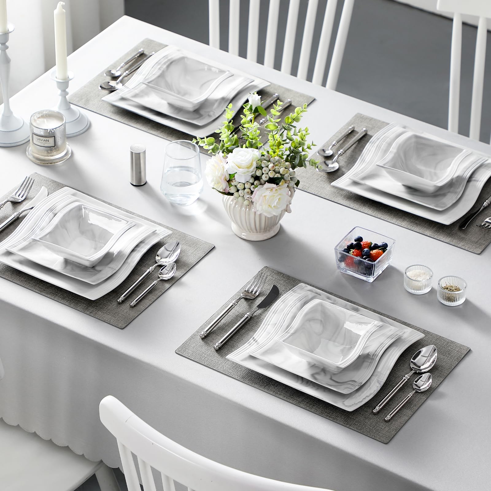 MALACASA 26-Piece Porcelain Dinnerware Set for 6 People - Square Plates, Bowls & Serving Dishes - Elegant Marble-Look Tableware (Flora Series) - Perfect for Family Dinners, Dinner Parties & Holiday Entertaining