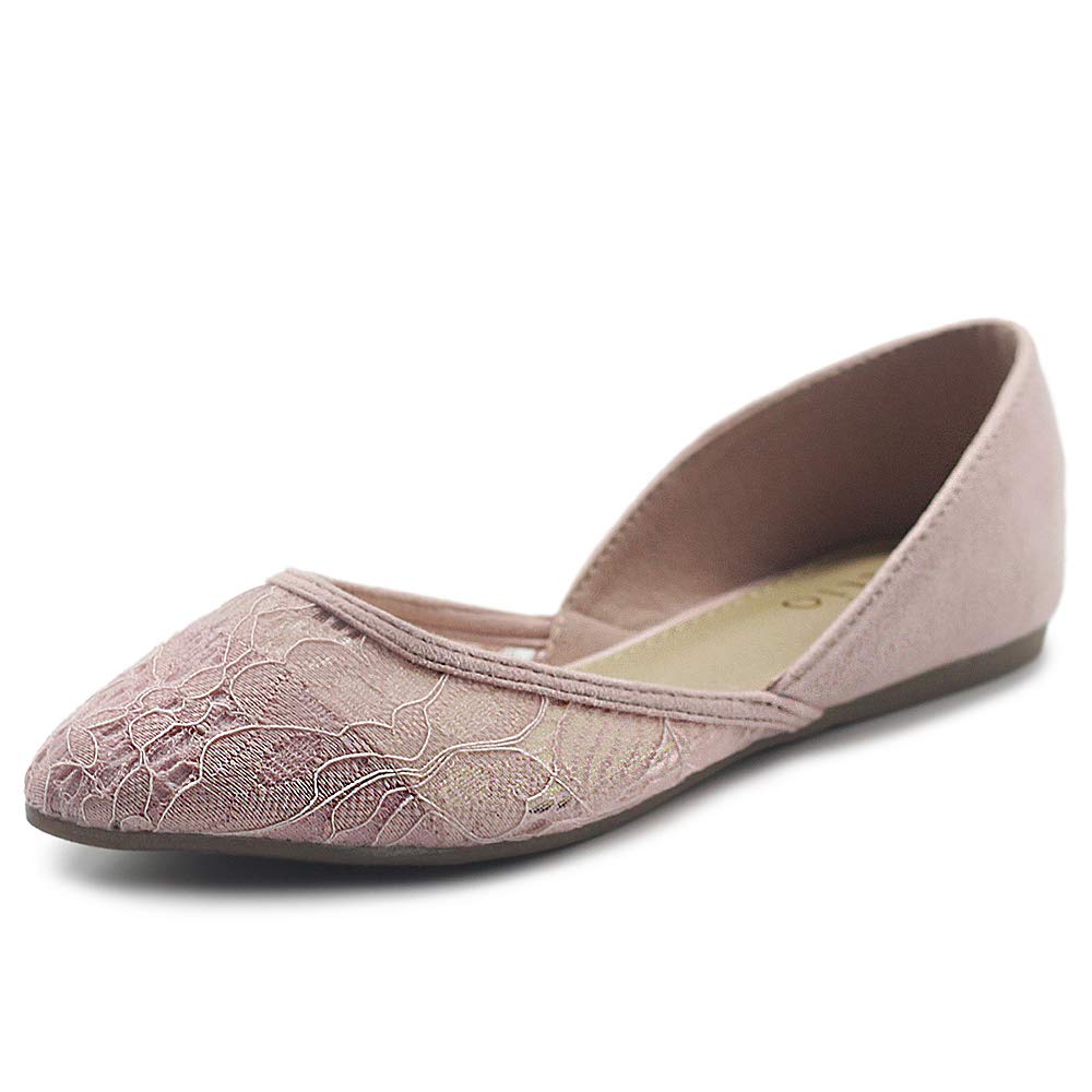 Ollio Women's Ballet Flats - Faux Suede Floral Lace Pointed Toe Shoes | Breathable Mesh Design for Comfort | Perfect for Work, Weddings & Casual Outfits