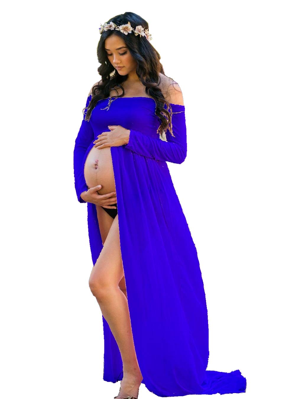 ZIUMUDY Maternity Maxi Chiffon Photography Dress - Elegant Split Front Gown for Maternity Photoshoot, Baby Shower & Special Occasions