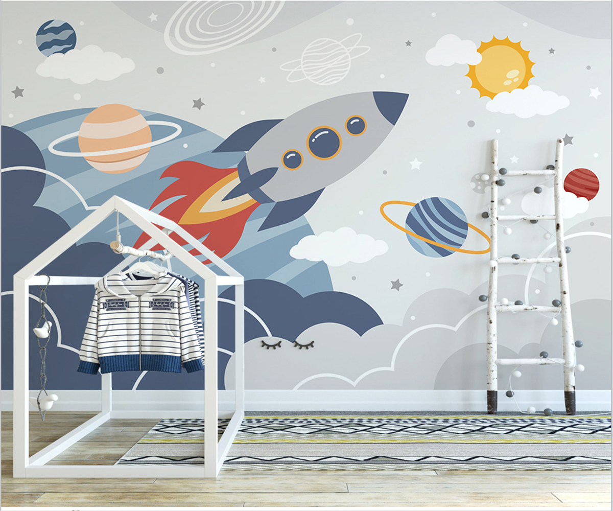Rocket to Space over Earth Nursery Wallpaper - Kids Room Decor, Space Themed Wall Mural for Baby & Toddler Bedrooms - Perfect for Astronaut-Themed Nursery, Playroom or Classroom