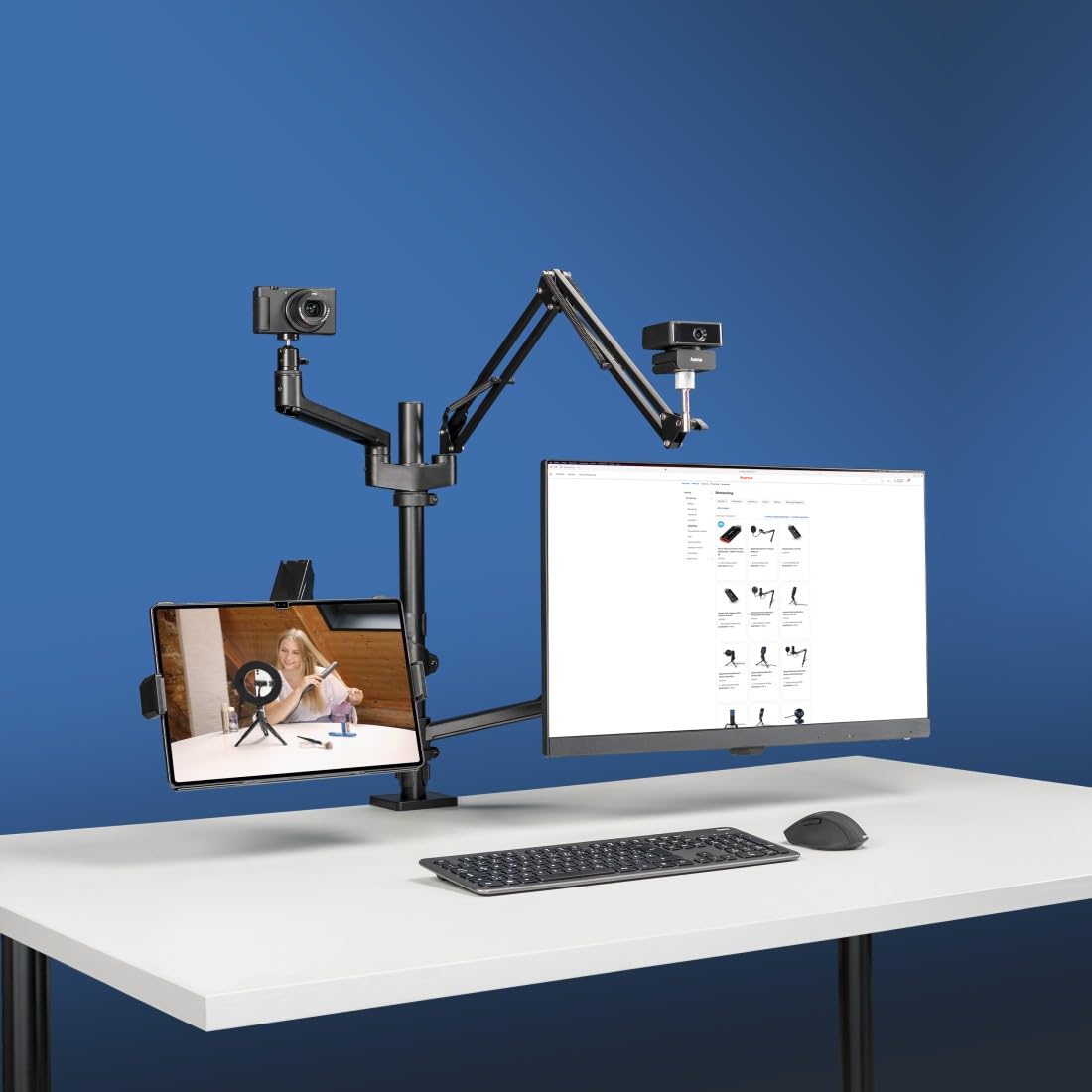 Hama Dual Monitor Mount Stand - 4 Arm Adjustable Swivel Tilt Desk Mount with Microphone Boom & Tripod Base for Streaming Setup, PC Monitors, Camera, Ring Light, Phone (Black) - Perfect for Home Office, Gaming & Live Streaming
