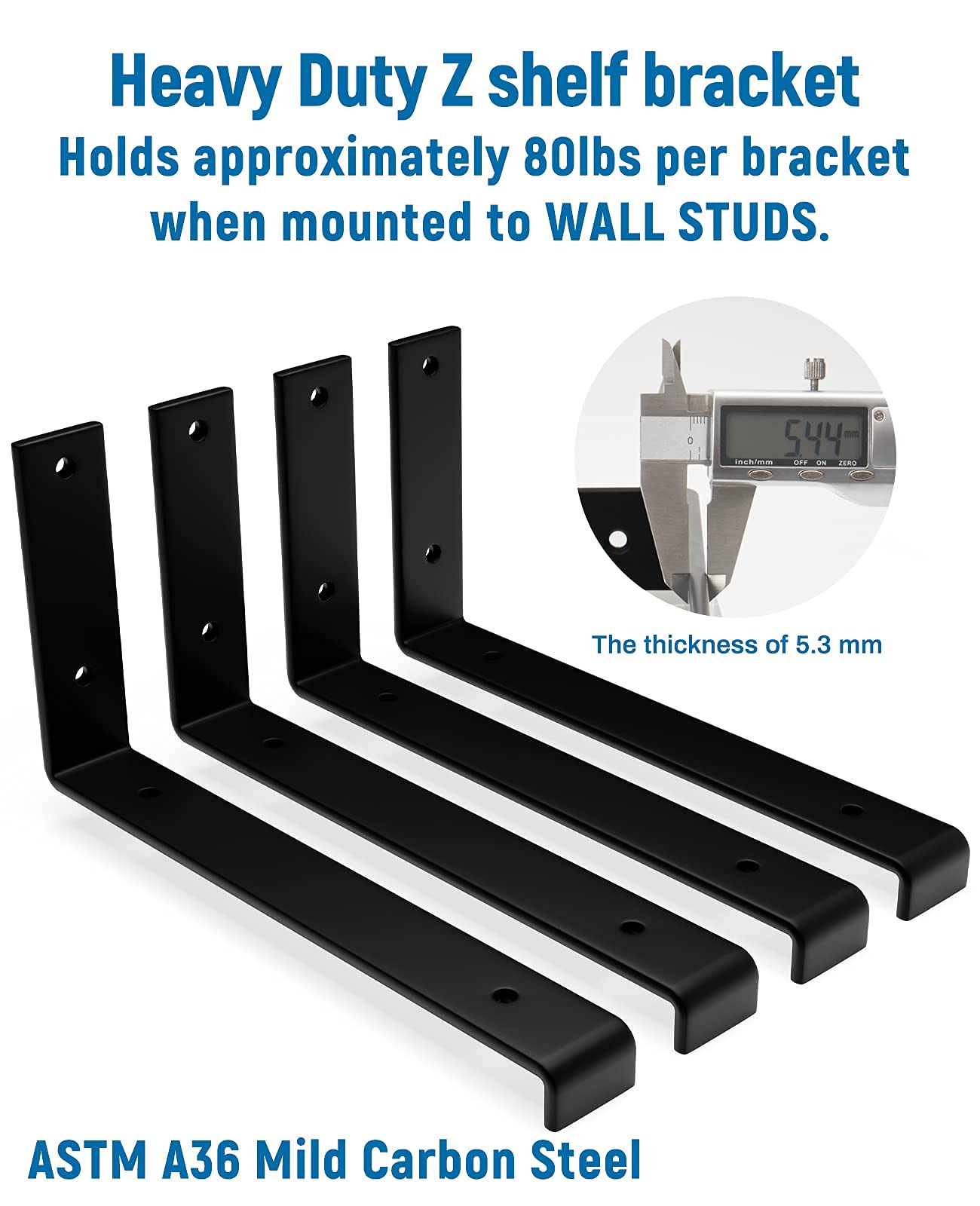 LEOPO 8 Inch Heavy Duty Shelf Brackets (4 Pack) - 1/5 Inch Thick Metal Z Brackets for DIY Floating Shelves - Perfect for Home Office, Kitchen, Garage & Closet Organization