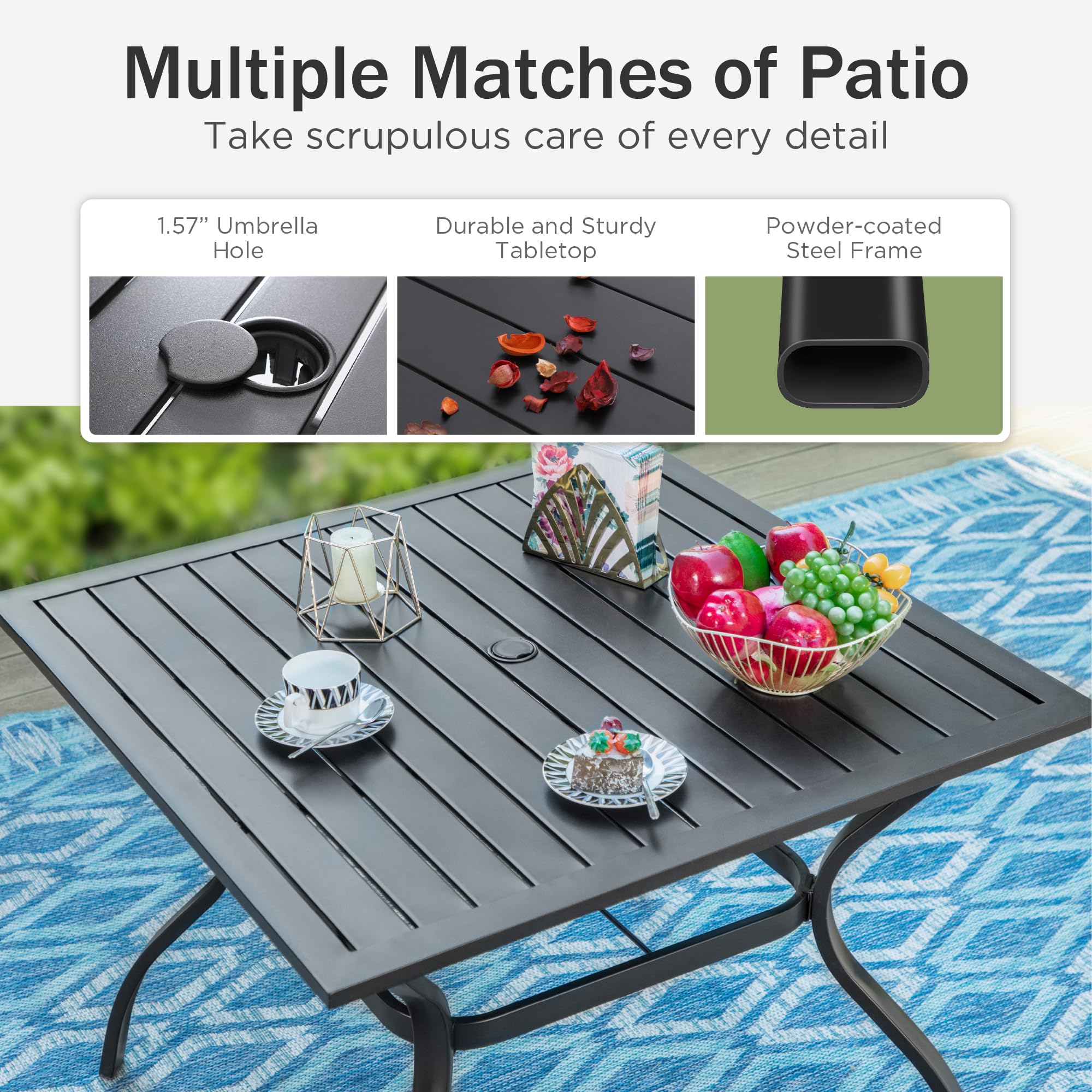 PHI VILLA 4-Piece Outdoor Patio Dining Set with Square Metal Table & Folding Chairs - Navy Blue - Perfect for Backyard, Garden, Poolside & BBQ Gatherings
