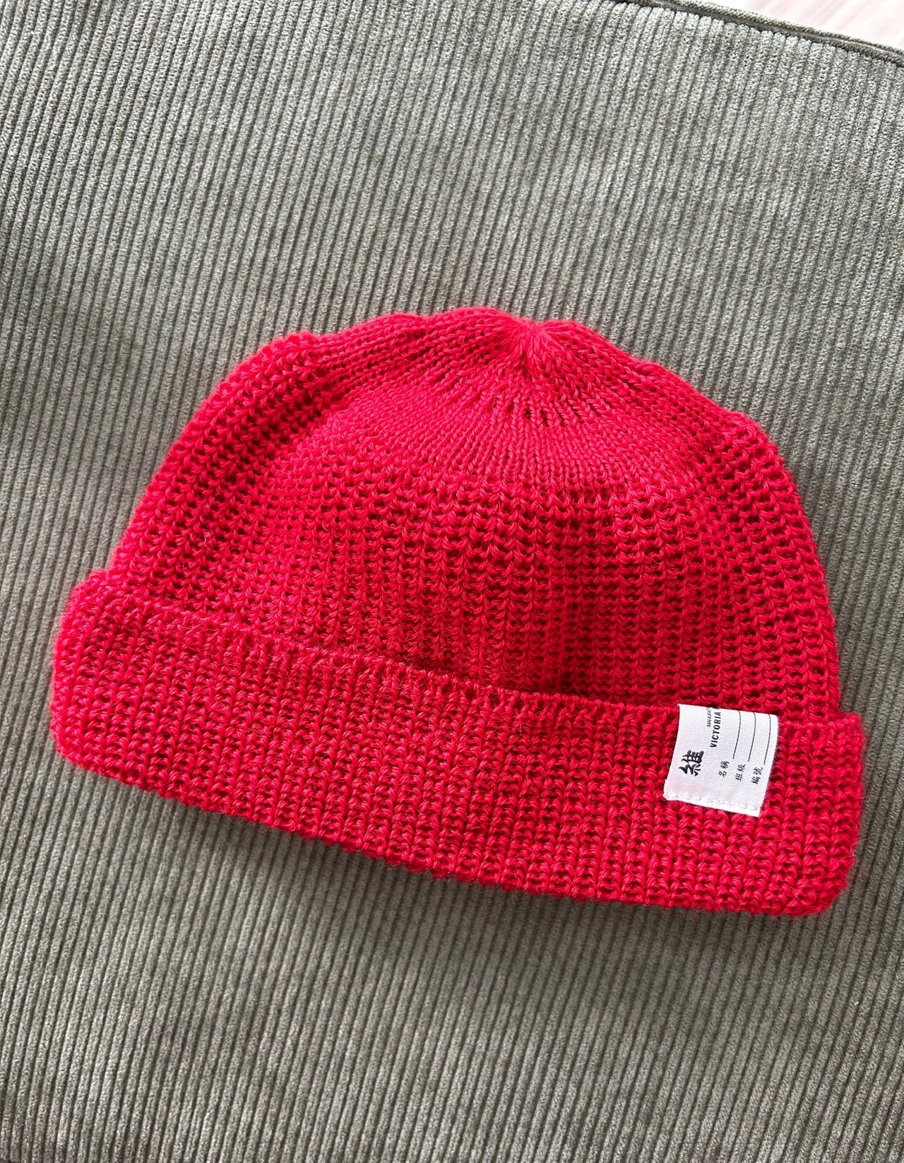 VICTORIA Label Watch Cap Beanie - Soft Winter Knit Hat for Men & Women - Red Beanie for Outdoor Activities, Skiing, and Casual Wear