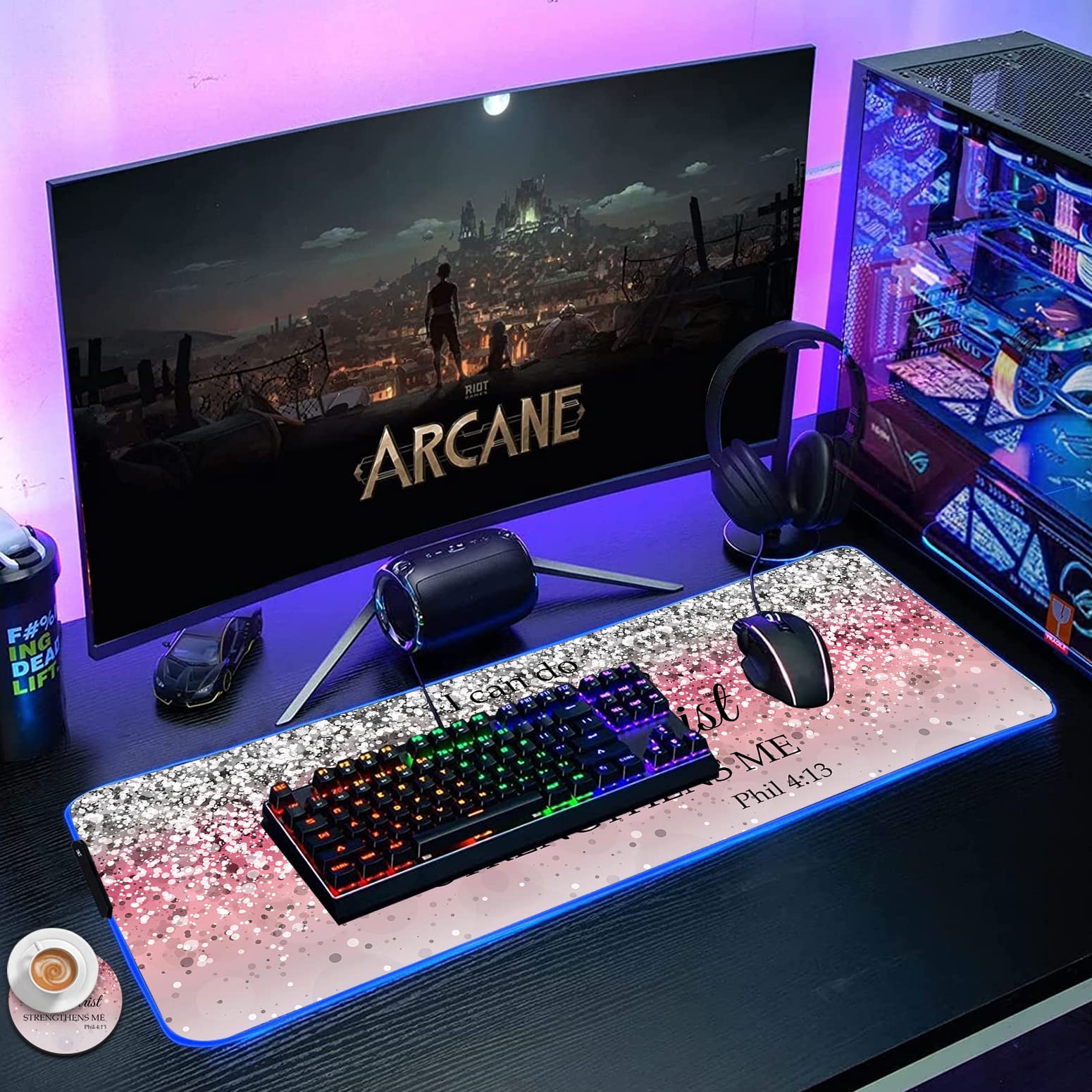 RGB Gaming Mouse Pad with LED Lights - Large Non-Slip Desk Mat for Keyboard & Mouse - Pink Sparkle Glitter Design with Philippians 4:13 Bible Verse - Perfect for PC Gaming, Office Work & Home Decor