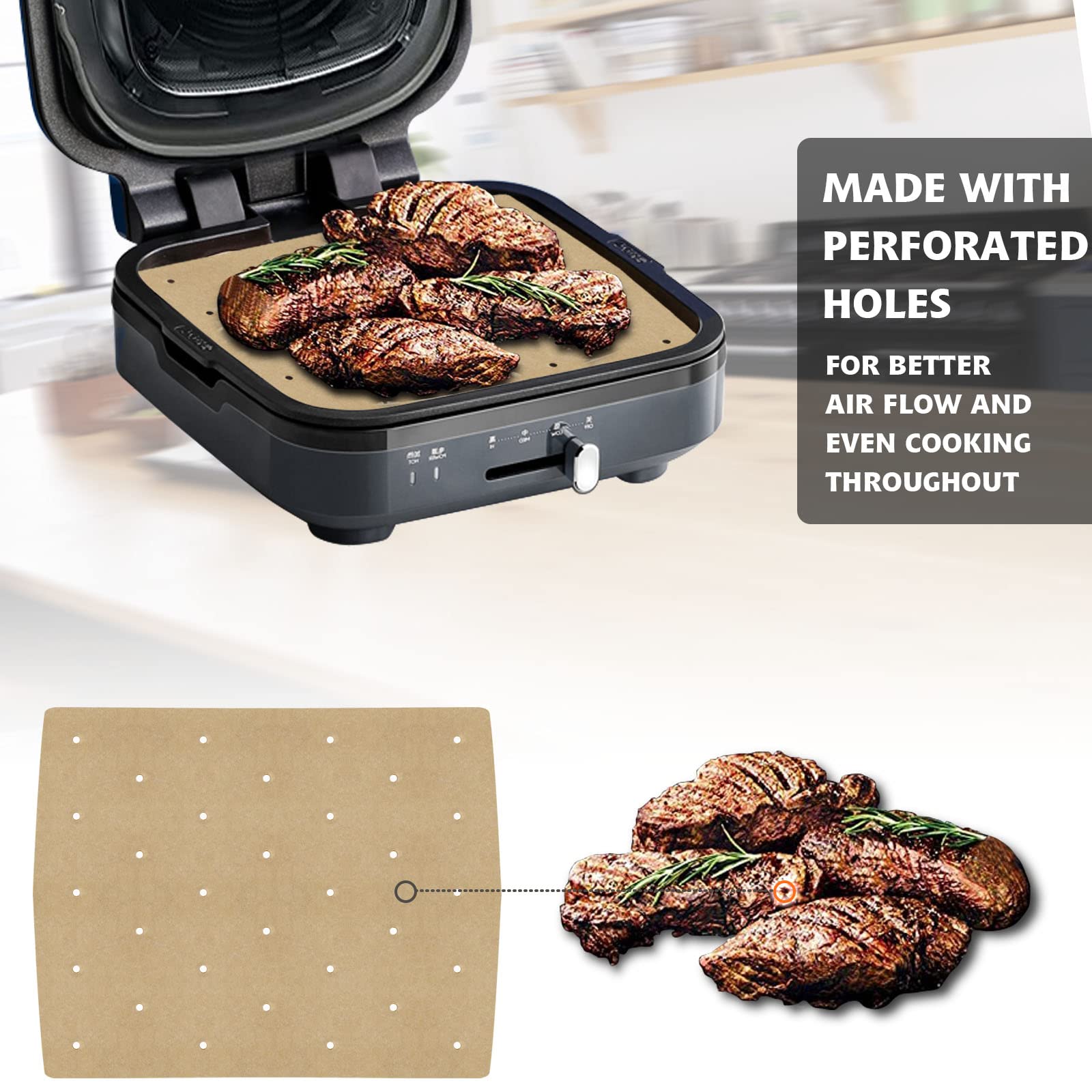 WMKGG 100-Pack Unbleached Perforated Air Fryer Parchment Paper Liners - Compatible with Ninja Foodi Grill 5-in-1 AG301, 4qt & Most Air Fryers - Non-Stick, Disposable Baking Sheets for Healthy Cooking | Perfect for Roasting, Baking, and Frying Vegetables, Chicken Wings & More