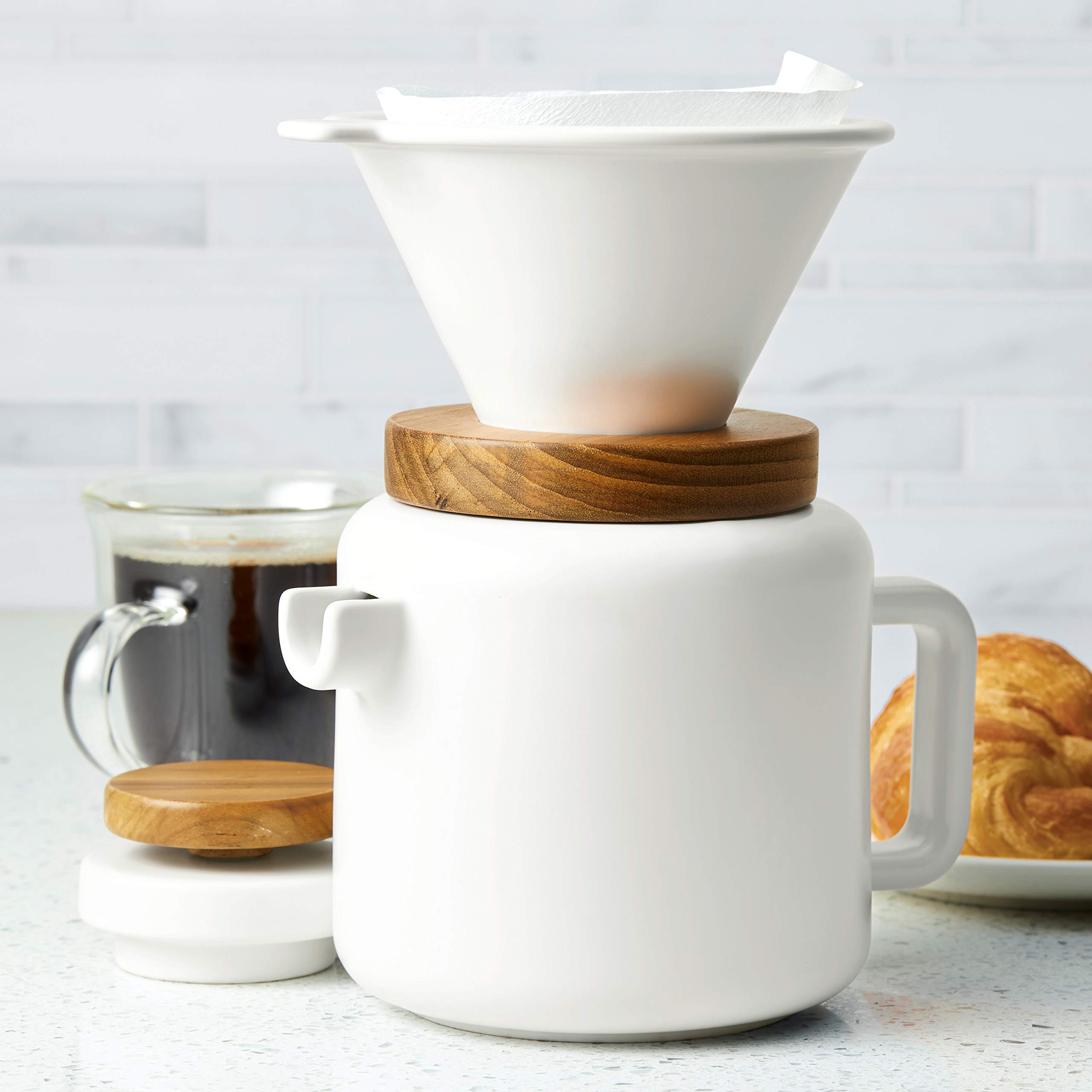BonJour 4-Cup Pour Over Coffee Maker Set - Premium Stoneware Dripper with Glass Carafe - Matte White Design for Home Brewing & Office Use